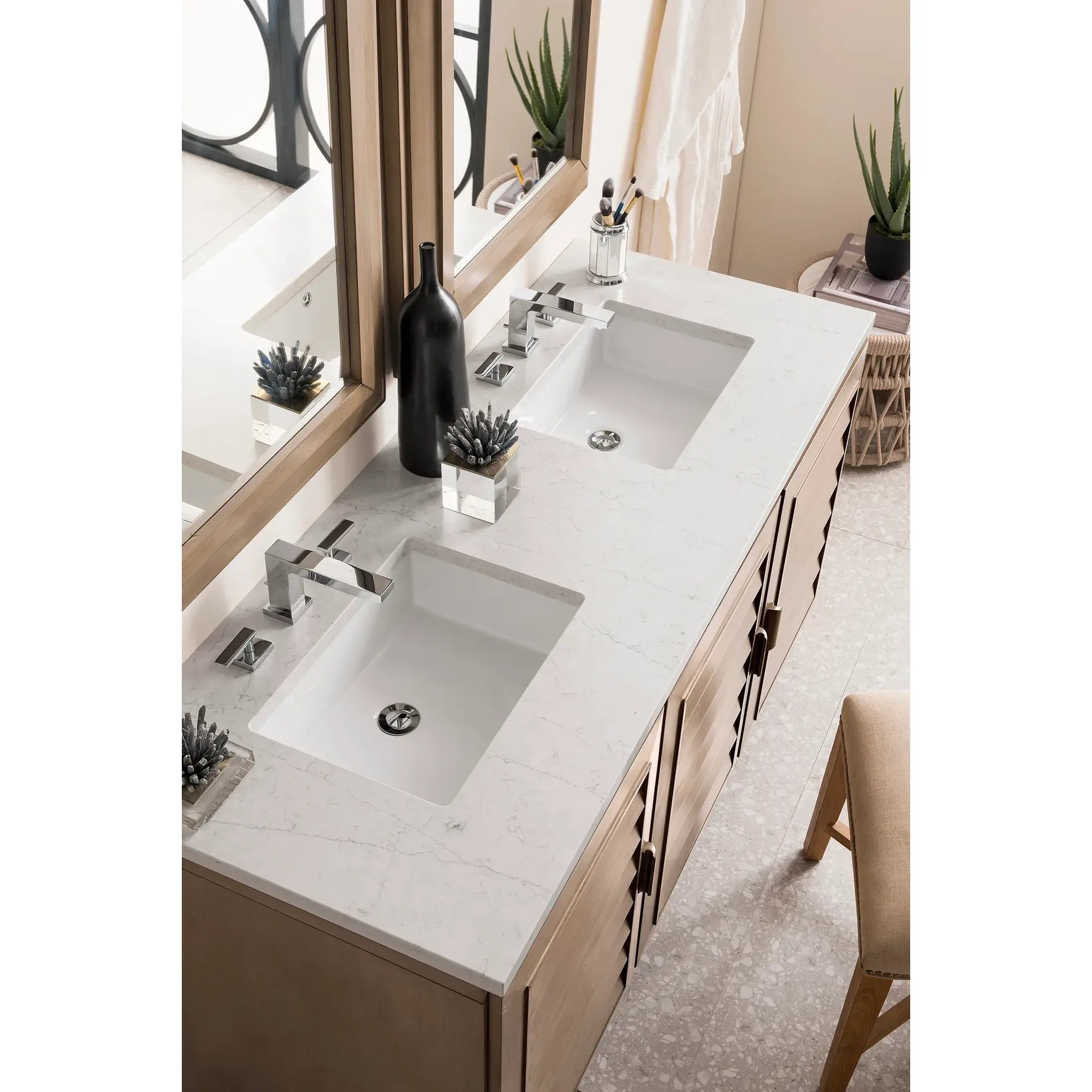 60" Portland Double Vanity in Whitewashed Walnut Wireless Charger-Eternal Jasmine Pearl Silestone-8" Widespread image 5