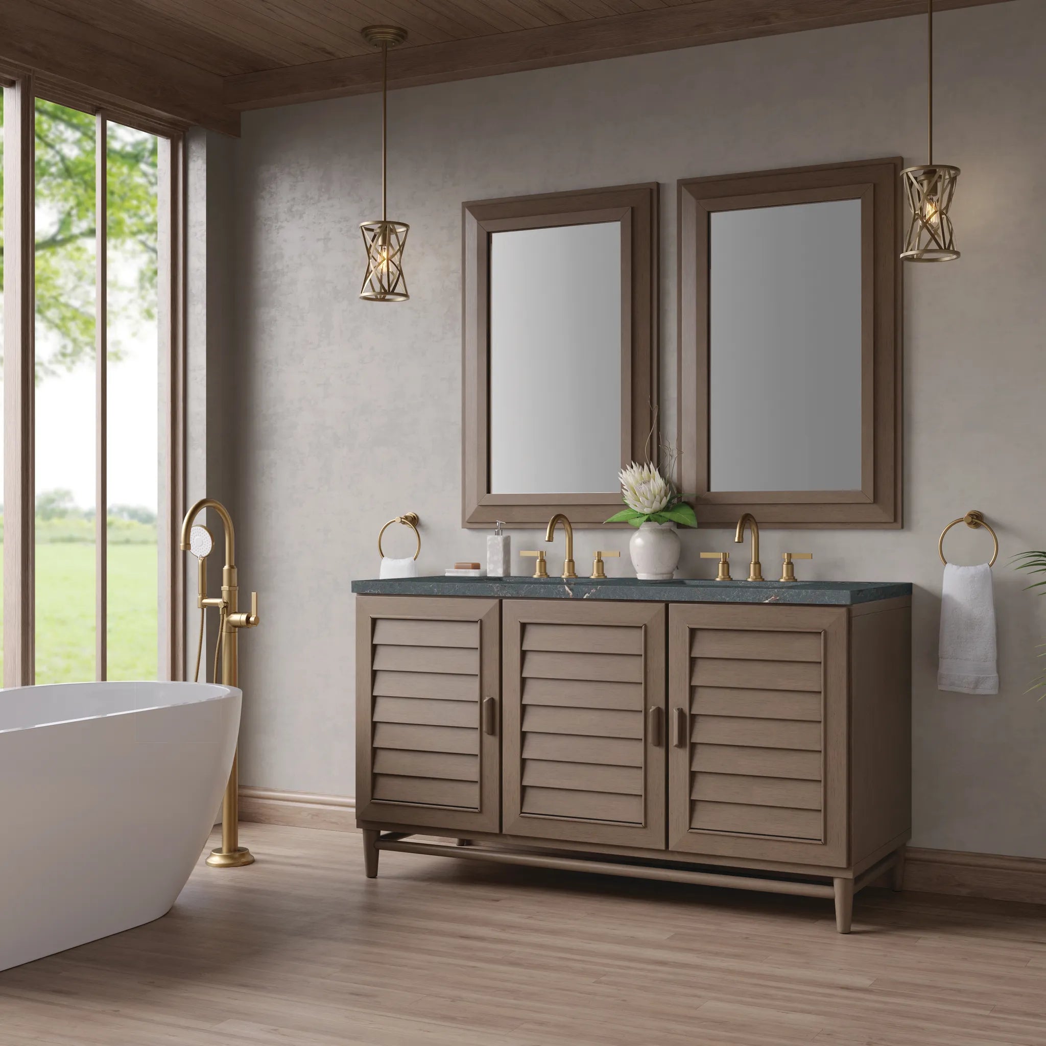 60" Portland Double Vanity in Whitewashed Walnut Wireless Charger-Parisien Bleu Silestone-8" Widespread image 5
