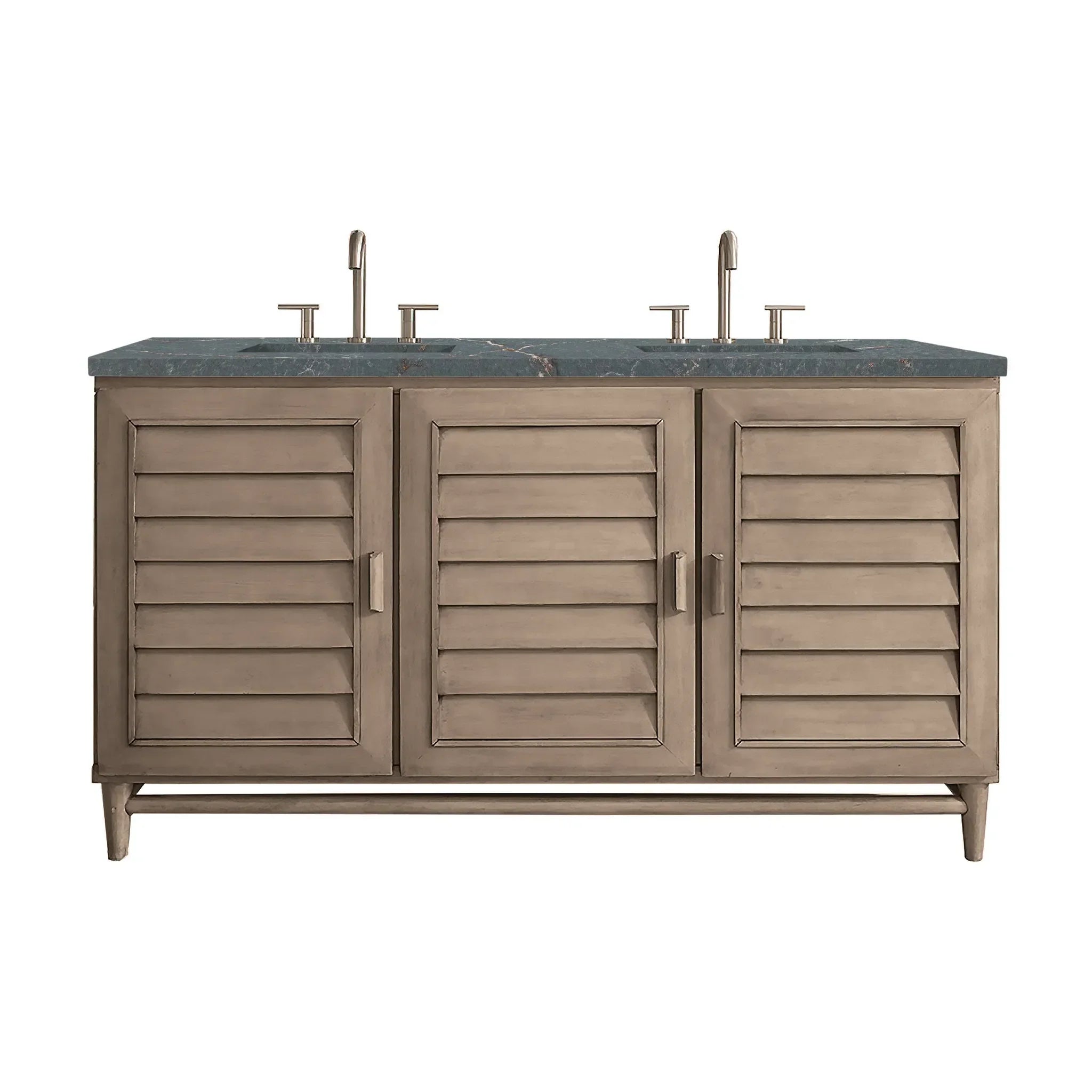60" Portland Double Vanity in Whitewashed Walnut Wireless Charger-Parisien Bleu Silestone-8" Widespread image