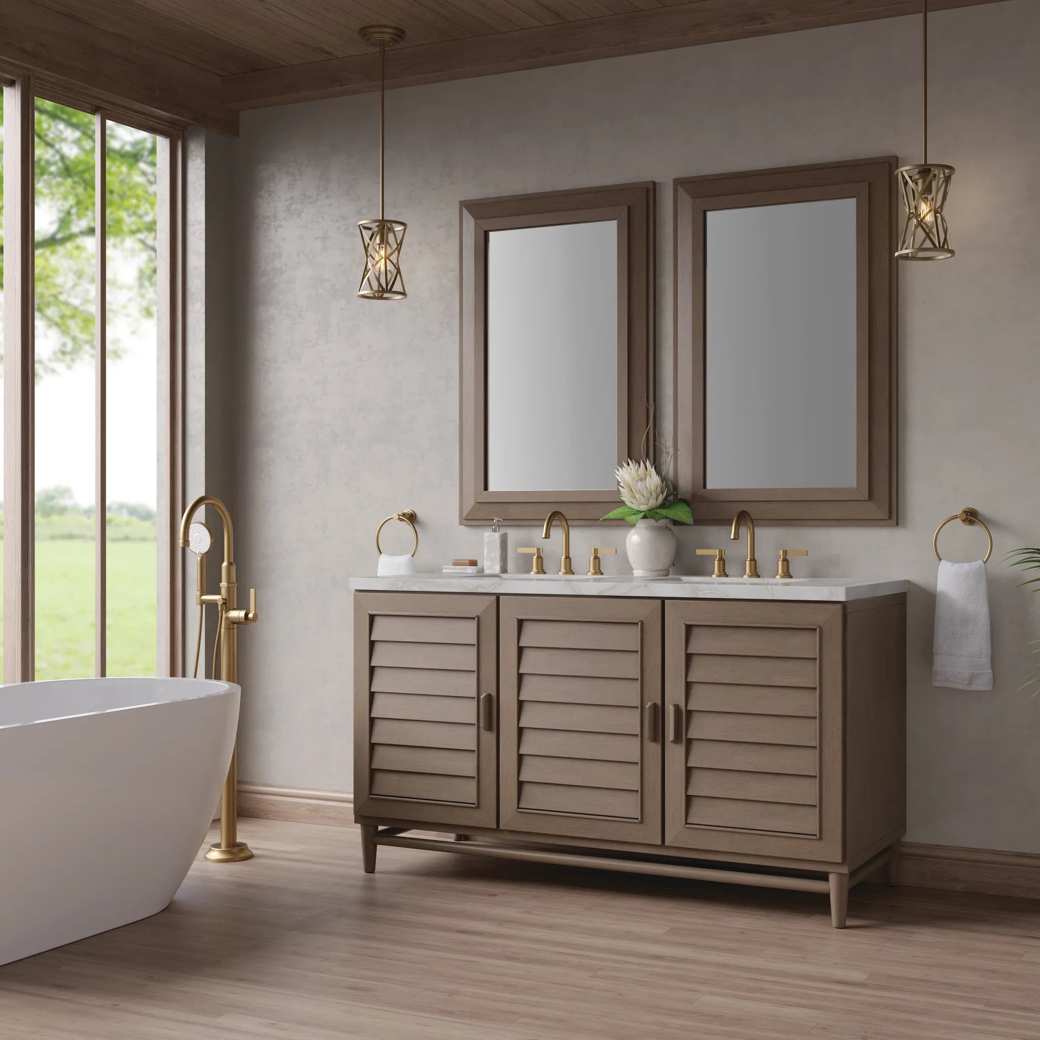 60" Portland Double Vanity in Whitewashed Walnut Wireless Charger-Victorian Silver Silestone-8" Widespread image 5