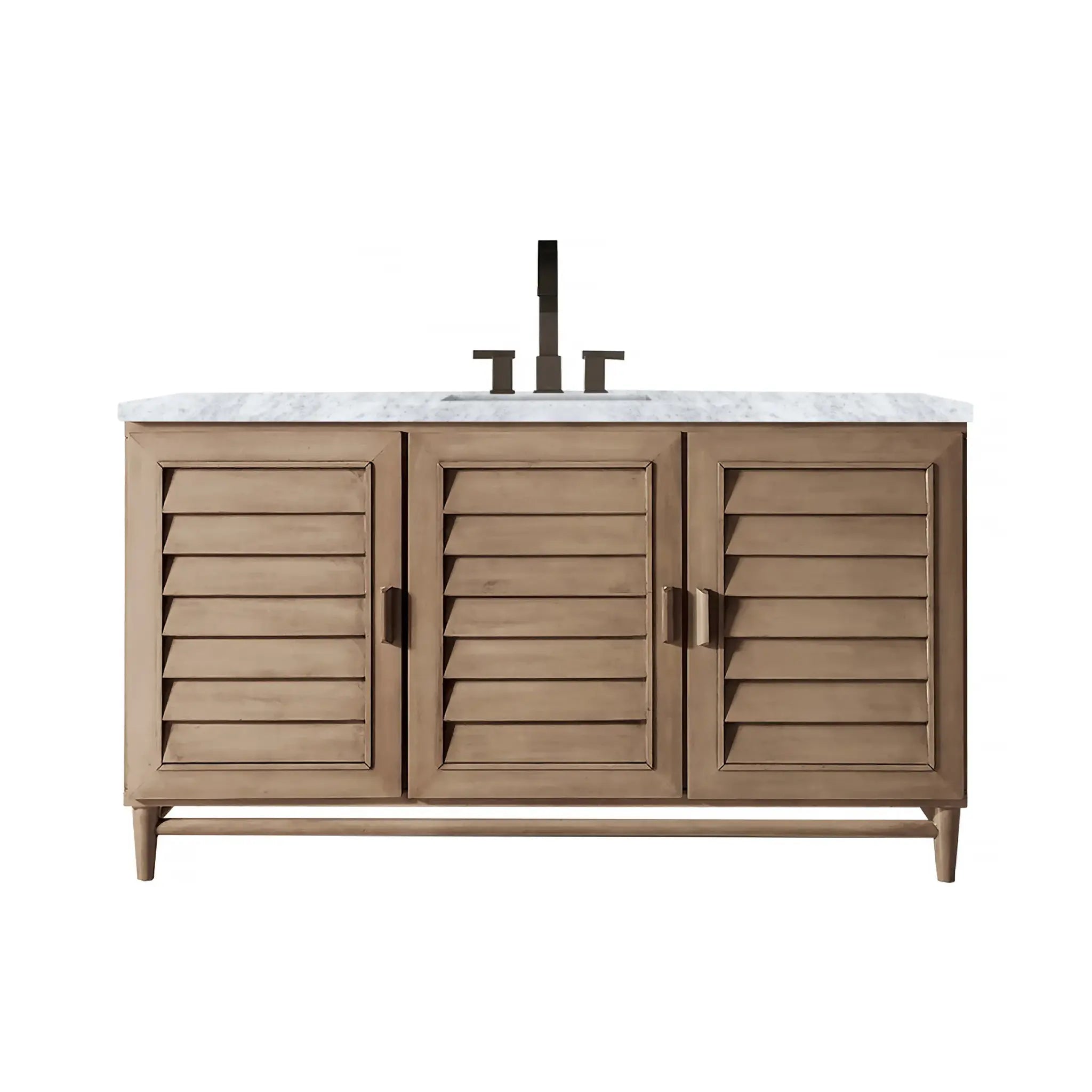60" Portland Single Vanity in Whitewashed Walnut-Carrara White Marble-8" Widespread image