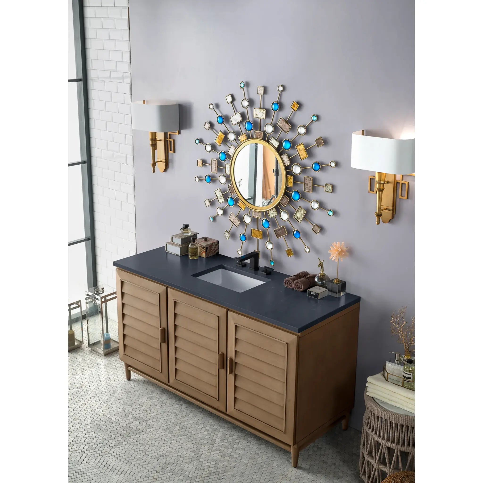 60" Portland Single Vanity in Whitewashed Walnut-Charcoal Soapstone Silestone-8" Widespread image 2