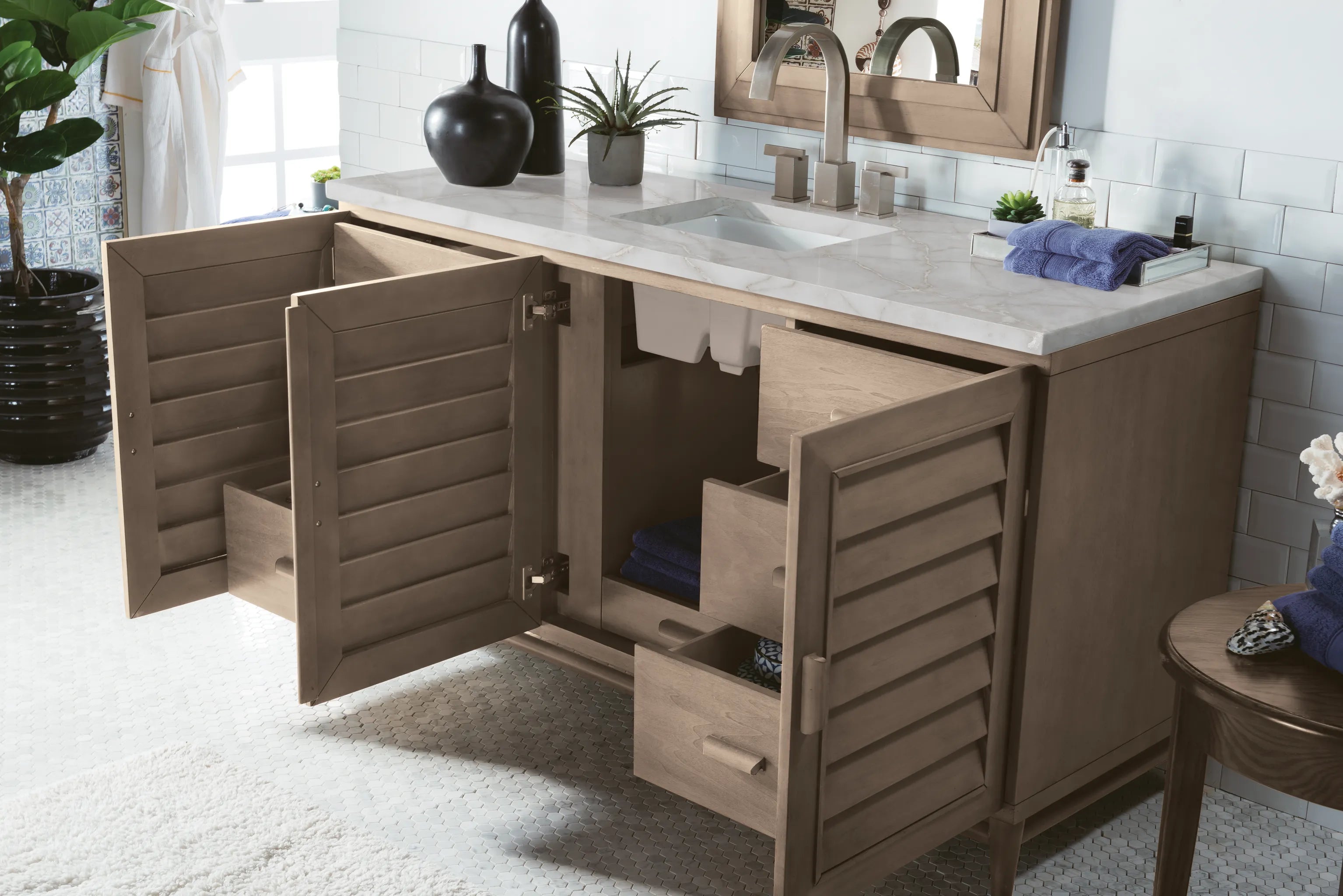 60" Portland Single Vanity in Whitewashed Walnut-Victorian Silver Silestone-8" Widespread image 3