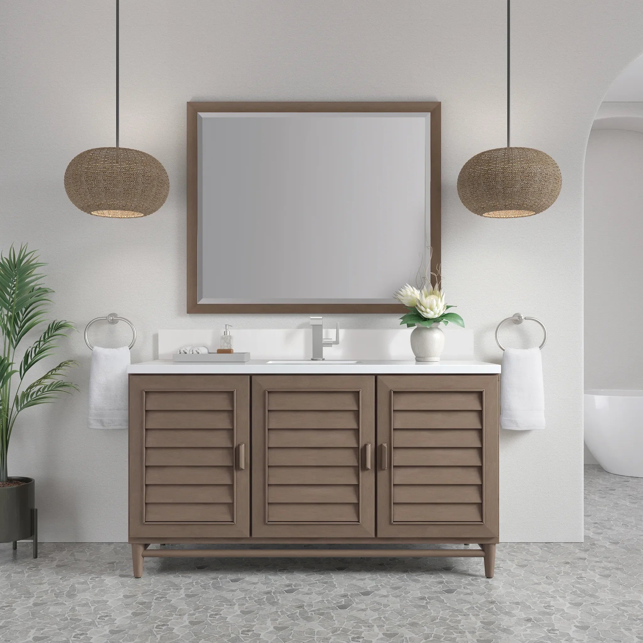 60" Portland Single Vanity in Whitewashed Walnut-White Zeus Silestone & Backsplash-Single Hole image 1