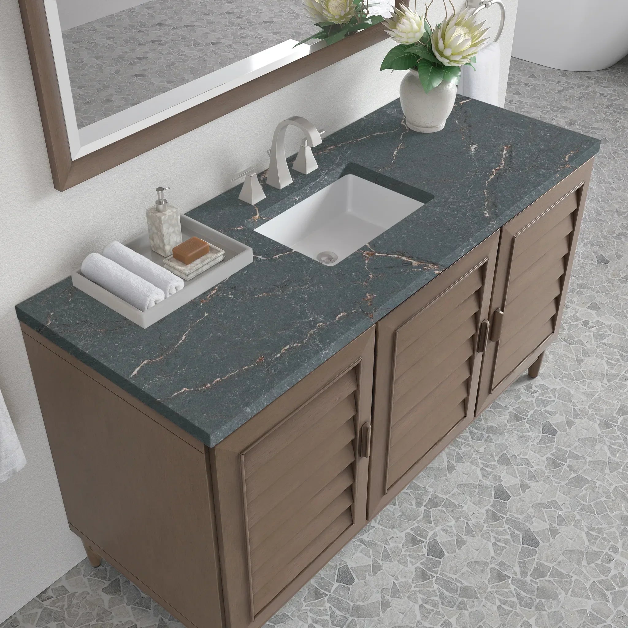 60" Portland Single Vanity in Whitewashed Walnut Wireless Charger-Parisien Bleu Silestone-8" Widespread image 7