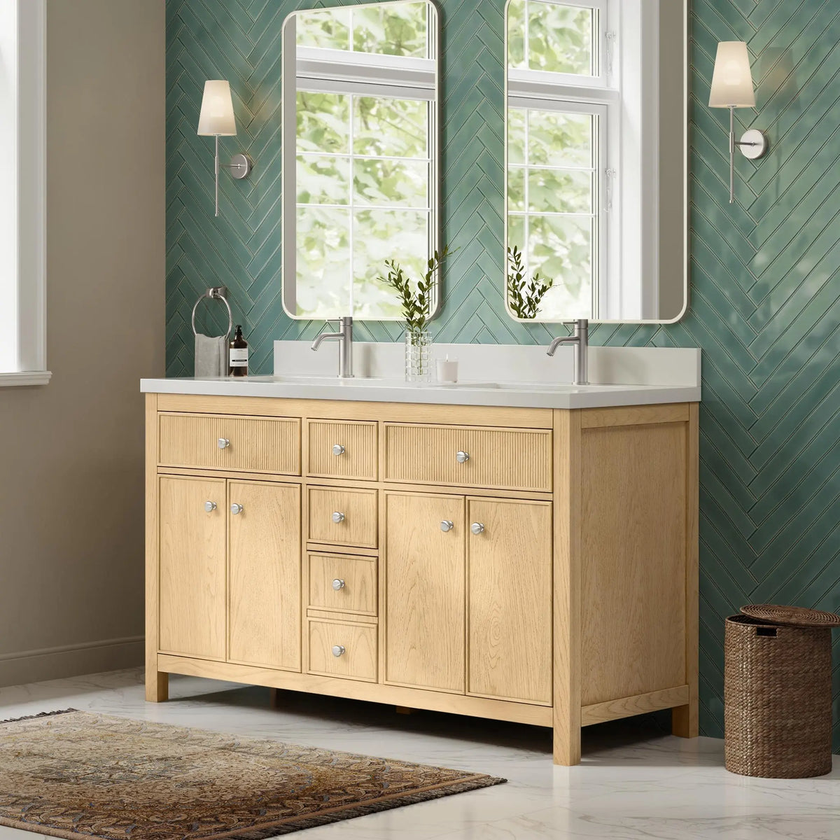 60" Rian Double Bathroom Vanity Scandinavian Oak Brushed Nickel Trim by wyndham View 12