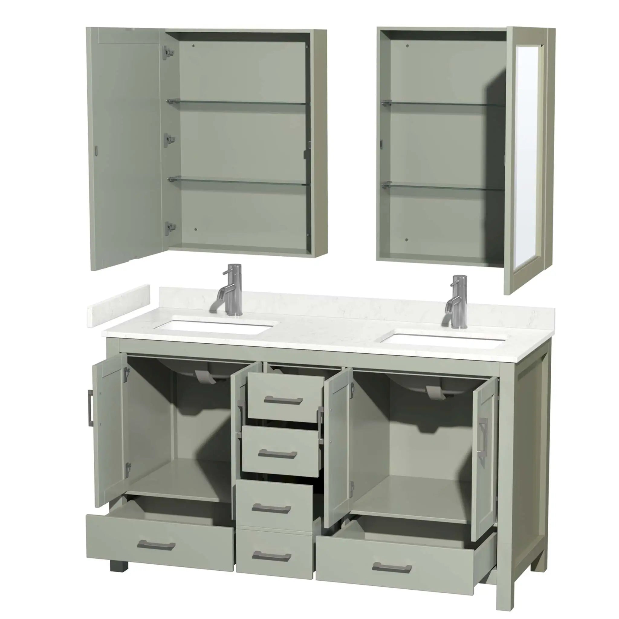 60" Sheffield 60 inch Double Bathroom Vanity in Light Green with Brushed Nickel Trim & Medicine Cabinet by Wyndham