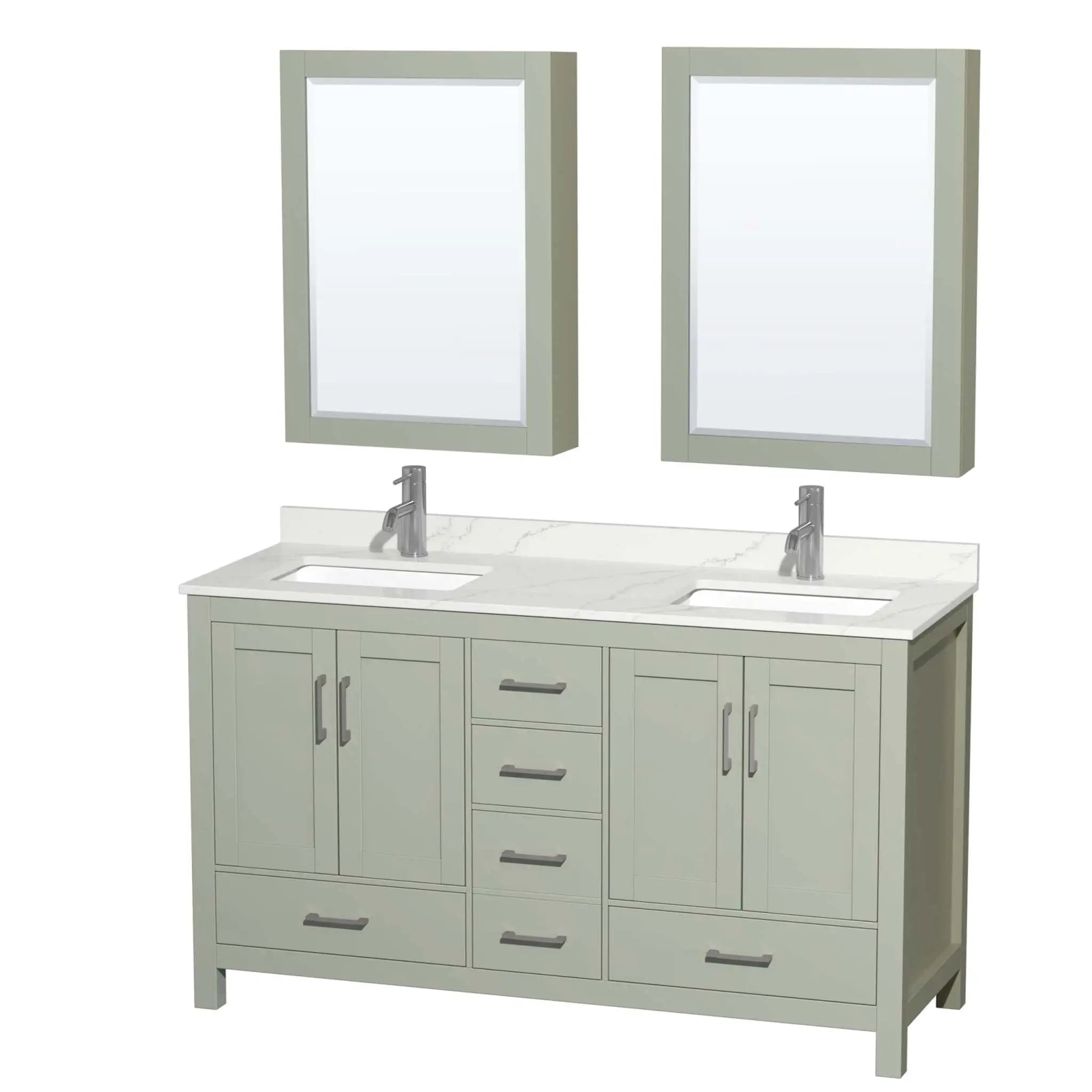 60" Sheffield 60 inch Double Bathroom Vanity in Light Green with Brushed Nickel Trim & Medicine Cabinet by Wyndham