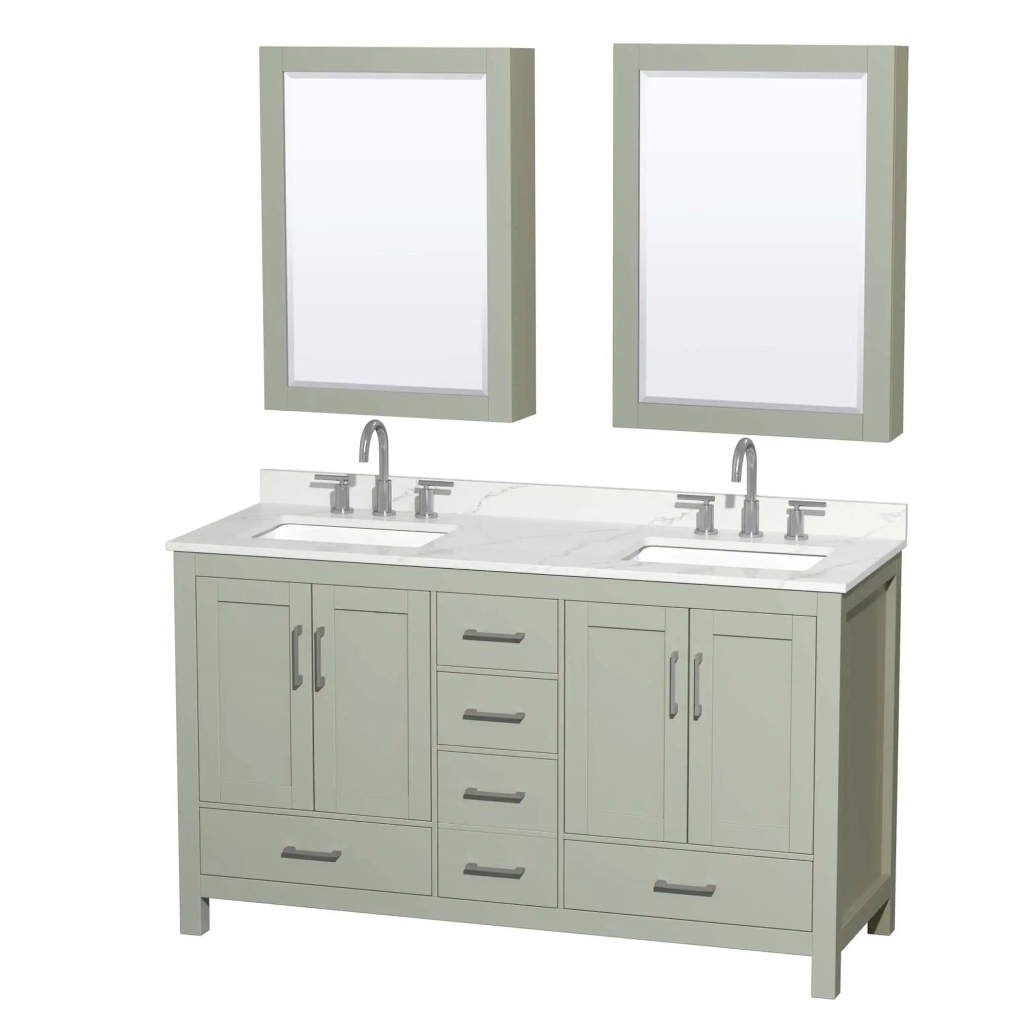 60" Sheffield 60 inch Double Bathroom Vanity in Light Green with Brushed Nickel Trim & Medicine Cabinet by Wyndham