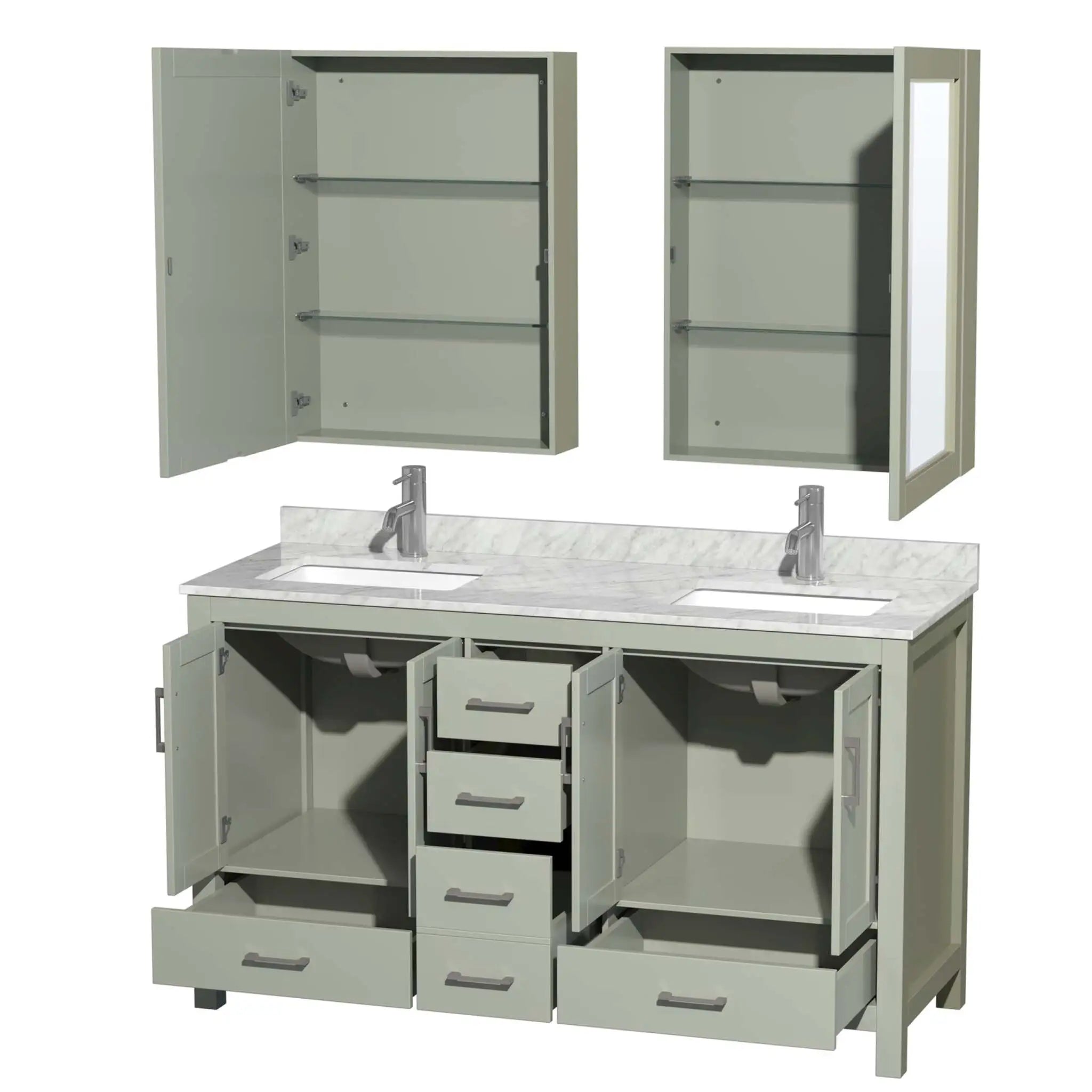 60" Sheffield 60 inch Double Bathroom Vanity in Light Green with Brushed Nickel Trim & Medicine Cabinet by Wyndham