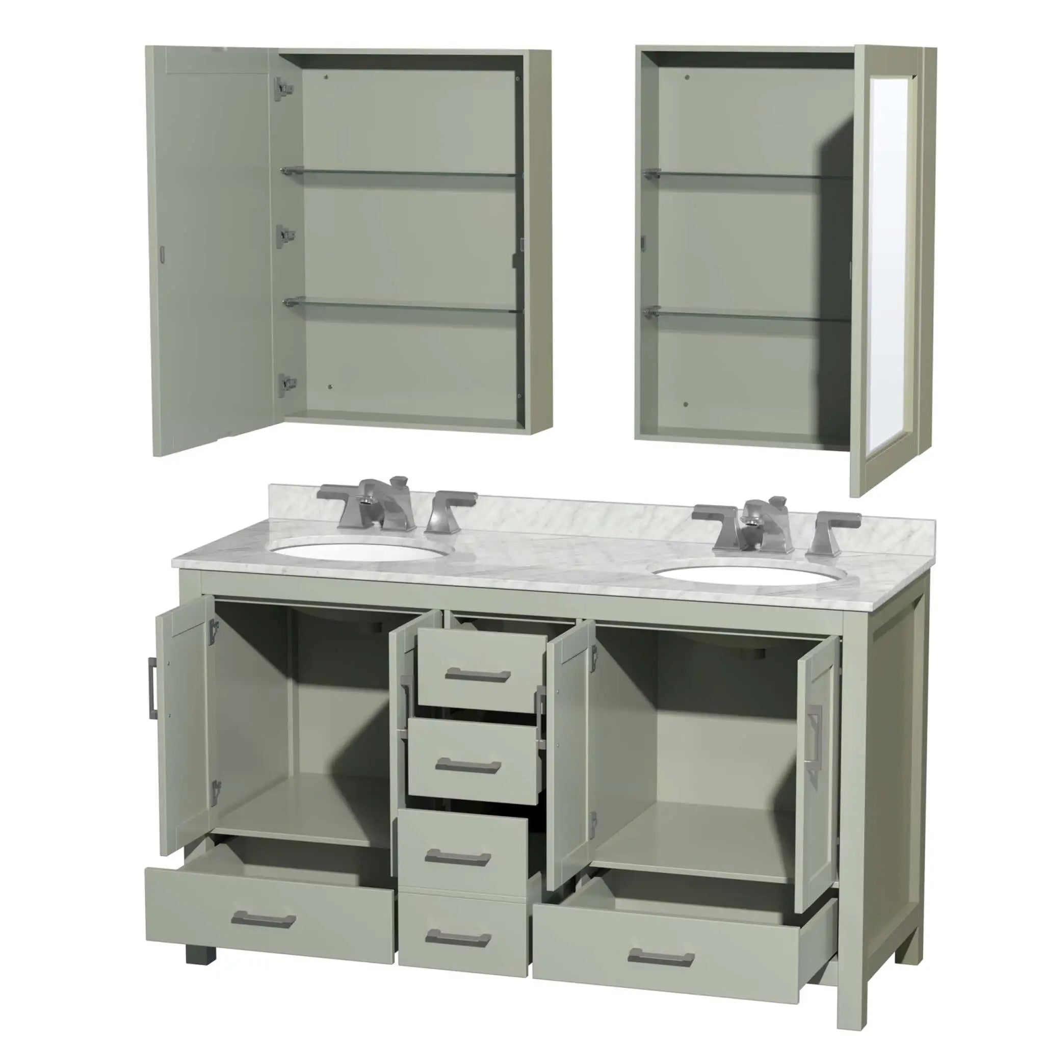 60" Sheffield 60 inch Double Bathroom Vanity in Light Green with Brushed Nickel Trim & Medicine Cabinet by Wyndham