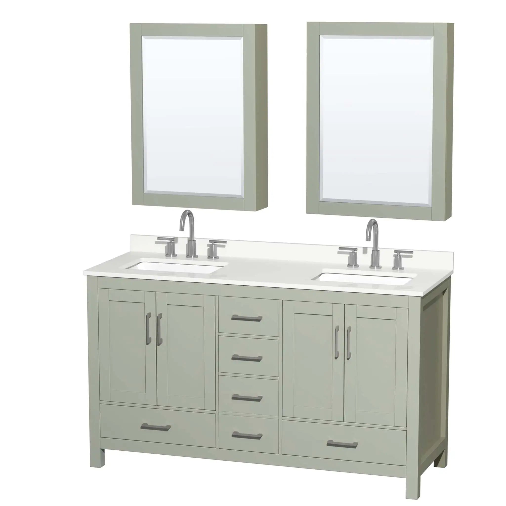 60" Sheffield 60 inch Double Bathroom Vanity in Light Green with Brushed Nickel Trim & Medicine Cabinet by Wyndham