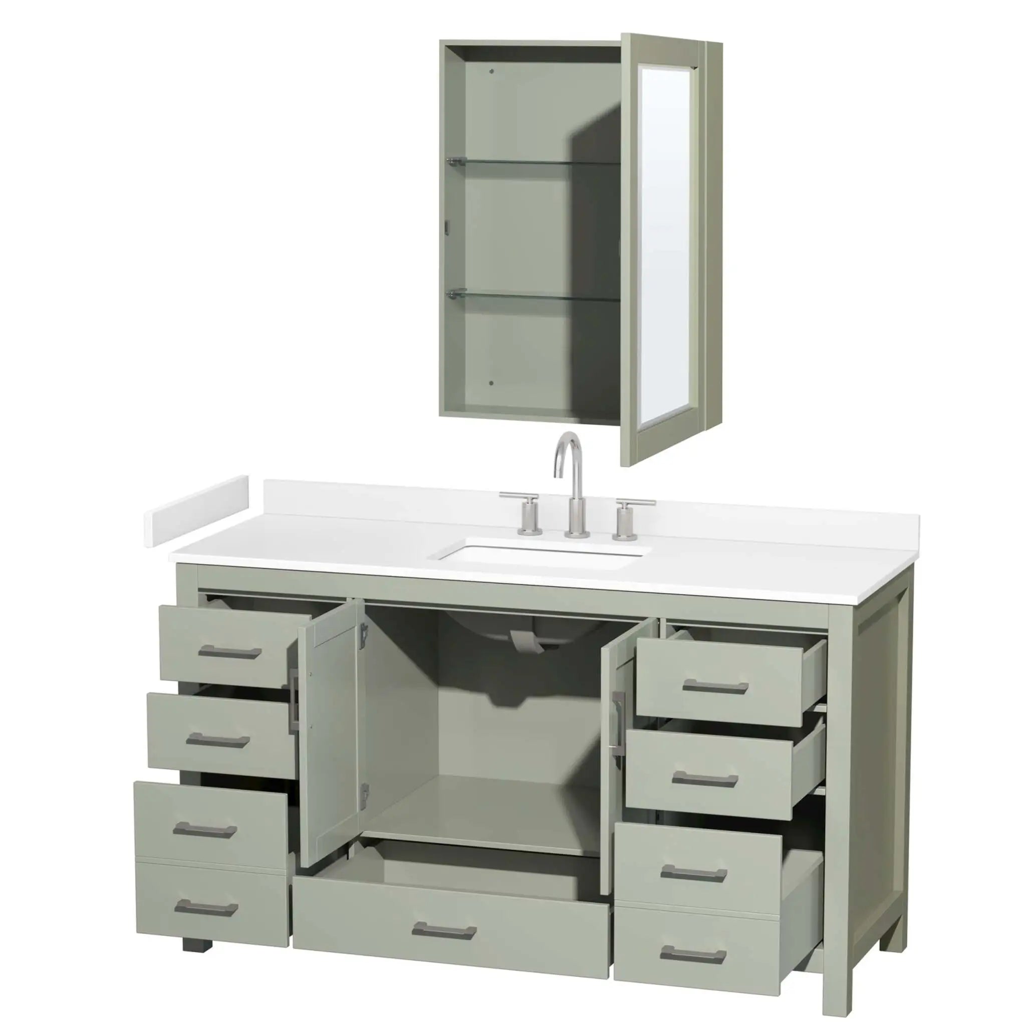 60" Sheffield 60 inch Single Bathroom Vanity in Light Green with Brushed Nickel Trim & Medicine Cabinet by Wyndham