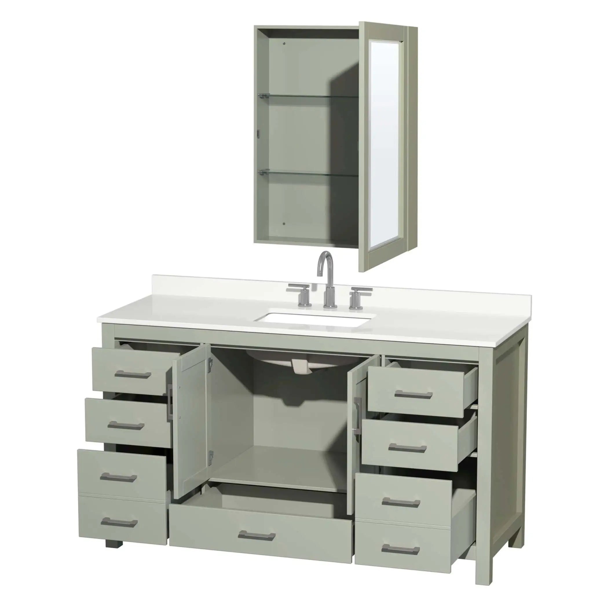 60" Sheffield 60 inch Single Bathroom Vanity in Light Green with Brushed Nickel Trim & Medicine Cabinet by Wyndham