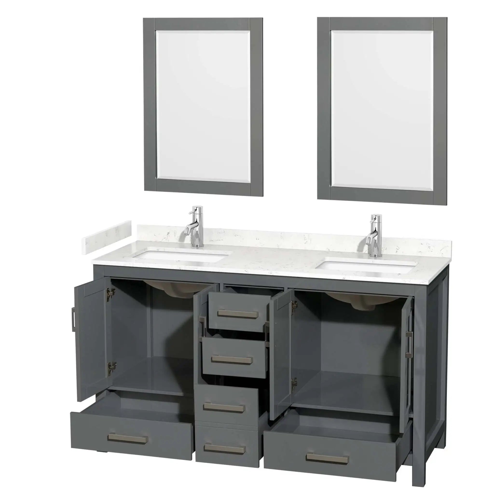 60" Sheffield Double Bathroom Vanity in Dark Gray with Brushed Chrome Trim & 24" Mirror by Wyndham