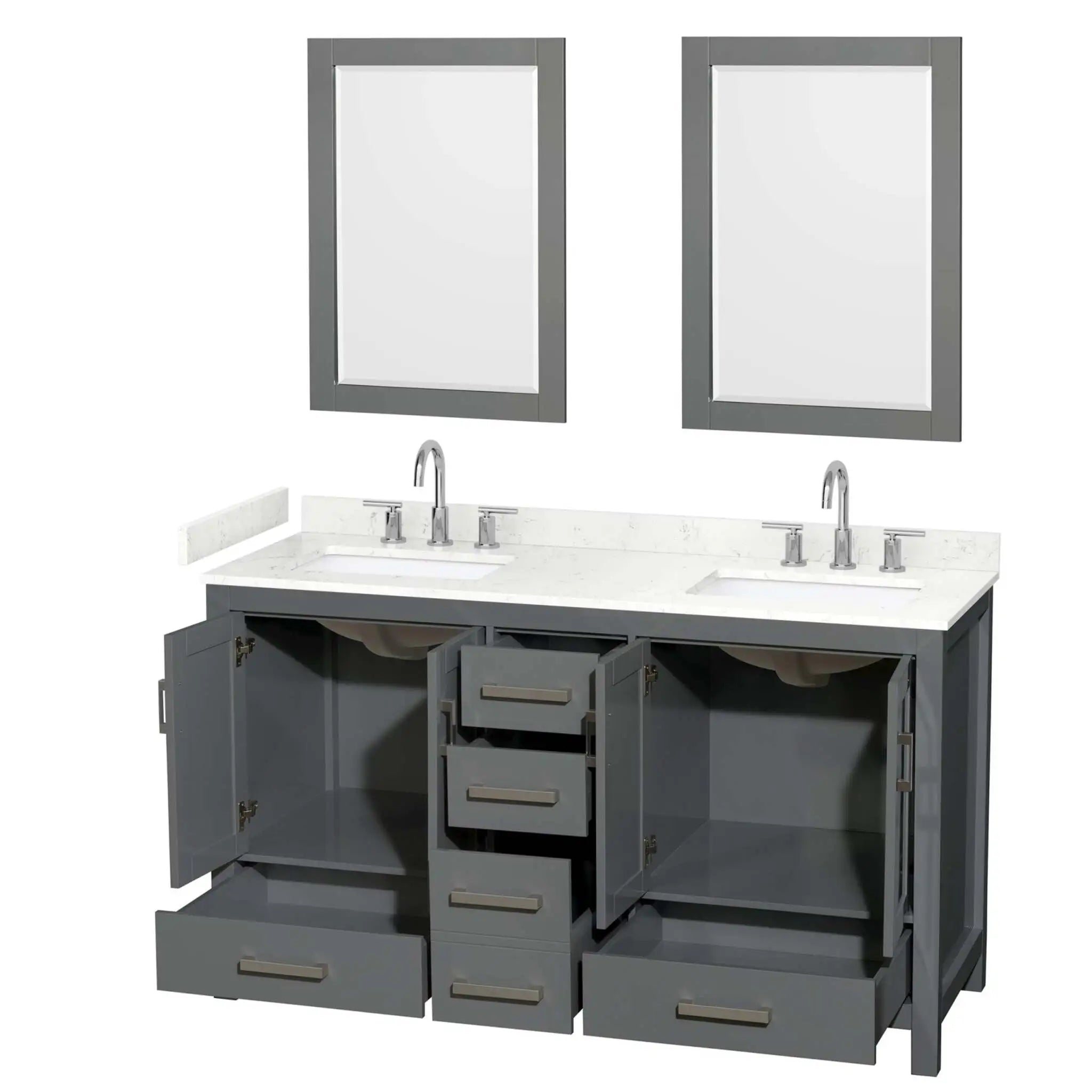 60" Sheffield Double Bathroom Vanity in Dark Gray with Brushed Chrome Trim & 24" Mirror by Wyndham