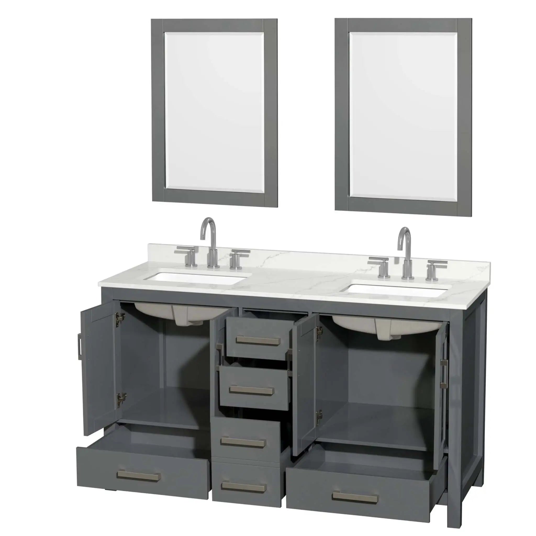 60" Sheffield Double Bathroom Vanity in Dark Gray with Brushed Chrome Trim & 24" Mirror by Wyndham