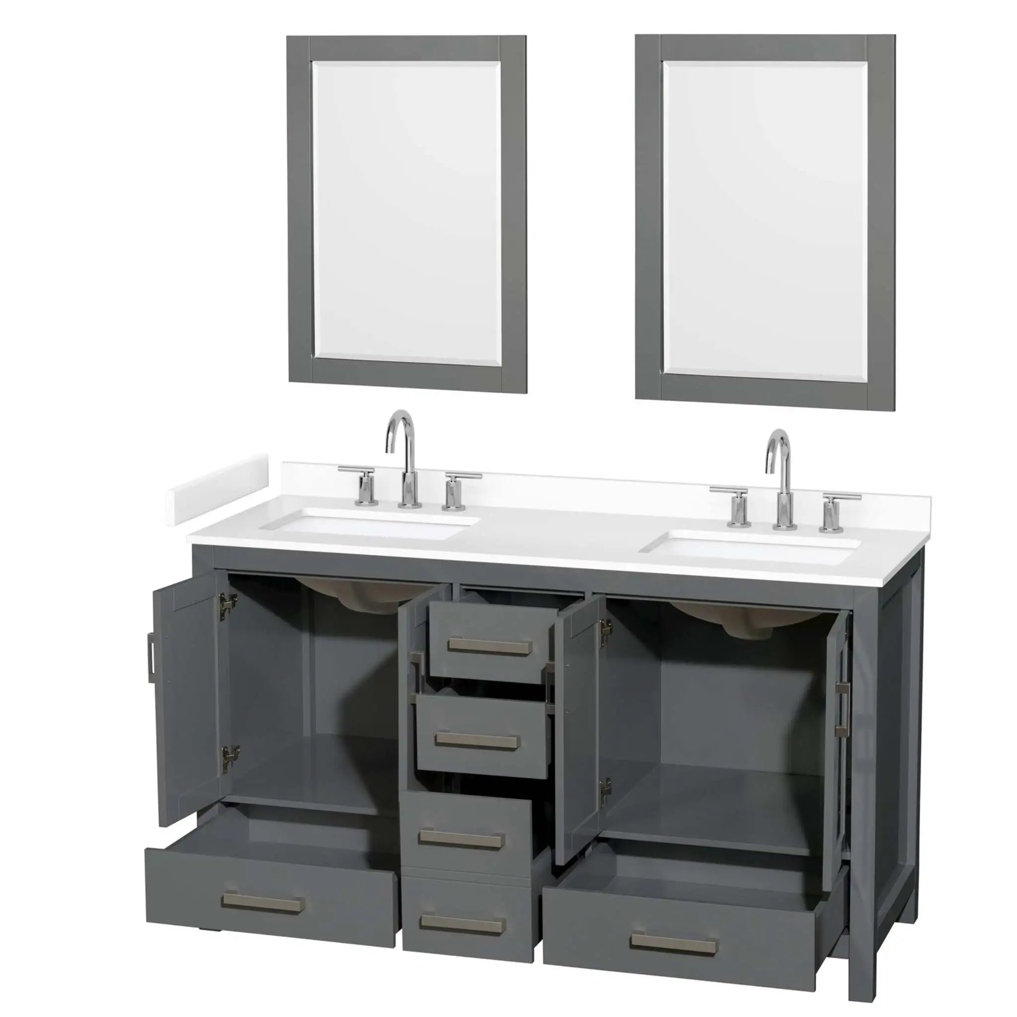 60" Sheffield Double Bathroom Vanity in Dark Gray with Brushed Chrome Trim & 24" Mirror by Wyndham