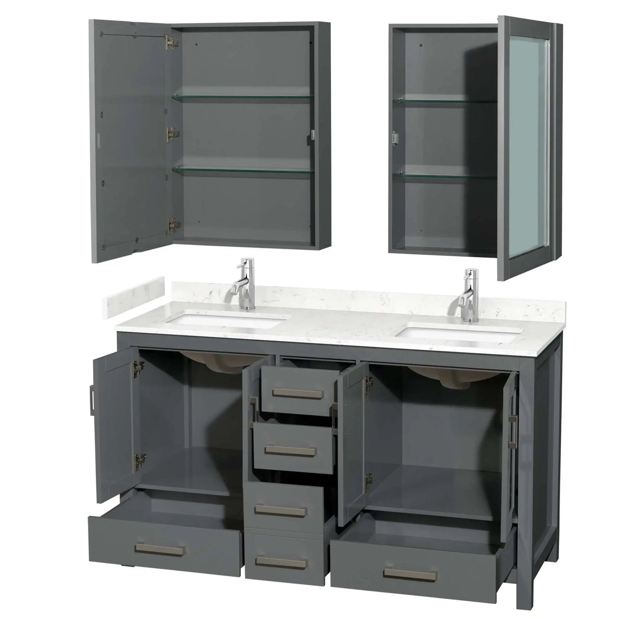 60" Sheffield Double Bathroom Vanity in Dark Gray with Brushed Chrome Trim & Medicine Cabinet by Wyndham
