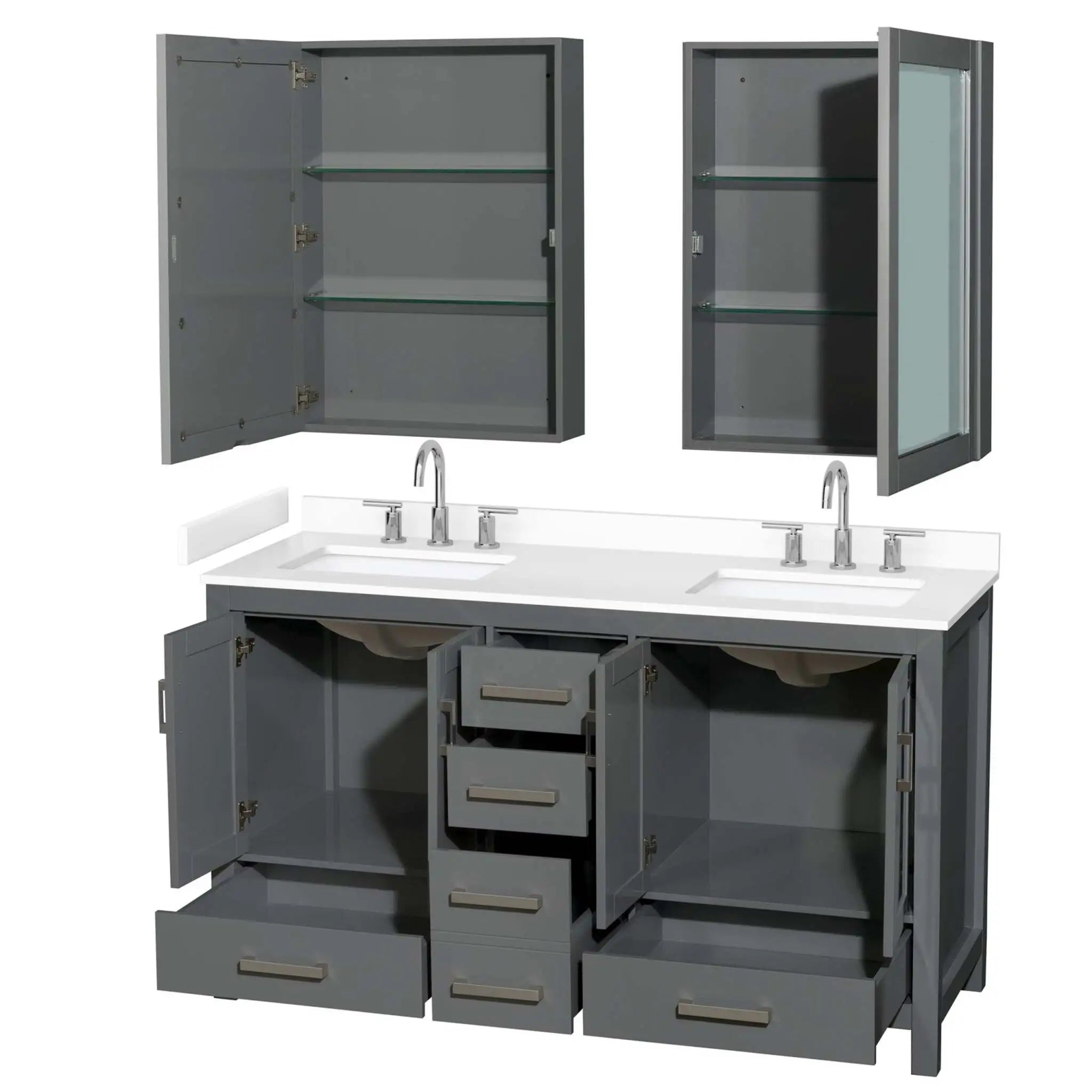 60" Sheffield Double Bathroom Vanity in Dark Gray with Brushed Chrome Trim & Medicine Cabinet by Wyndham