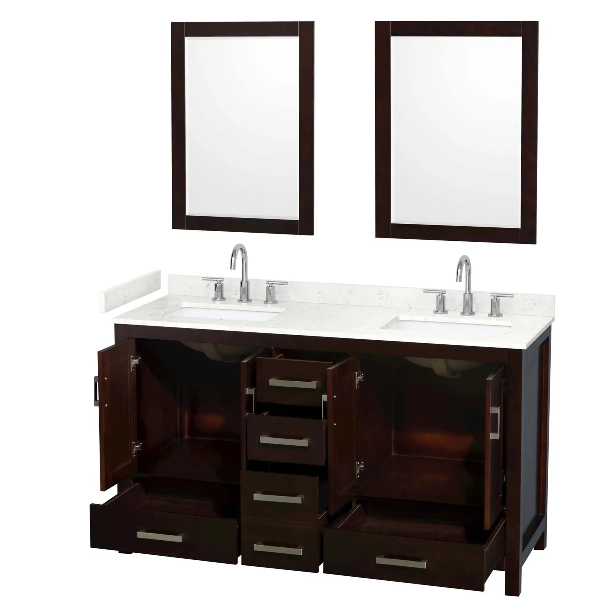 60" Sheffield Double Bathroom Vanity in Espresso with Brushed Chrome Trim & 24" Mirror by Wyndham
