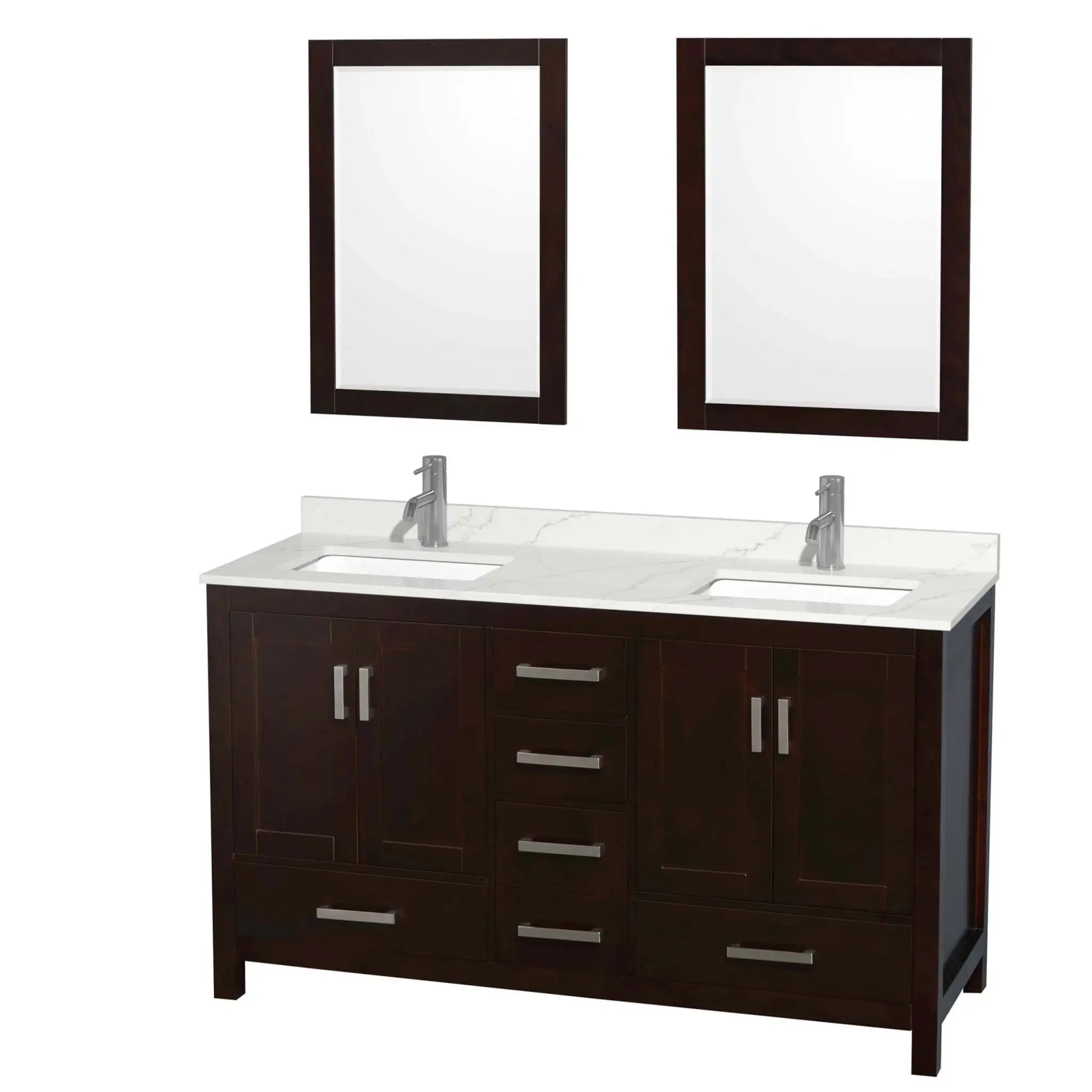 60" Sheffield Double Bathroom Vanity in Espresso with Brushed Chrome Trim & 24" Mirror by Wyndham