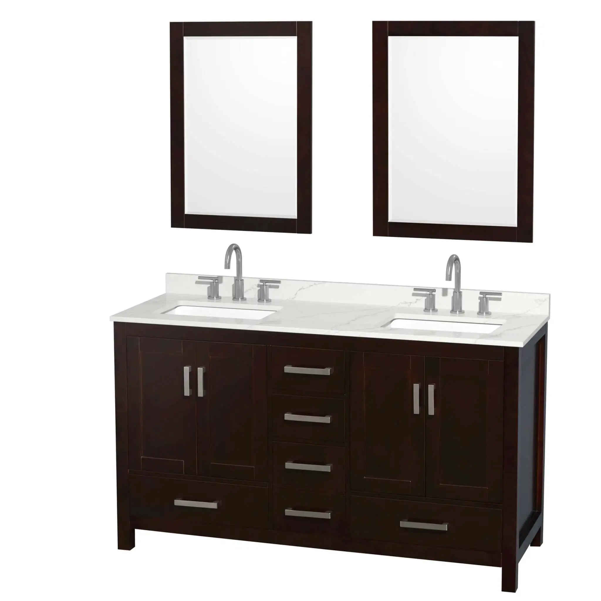 60" Sheffield Double Bathroom Vanity in Espresso with Brushed Chrome Trim & 24" Mirror by Wyndham