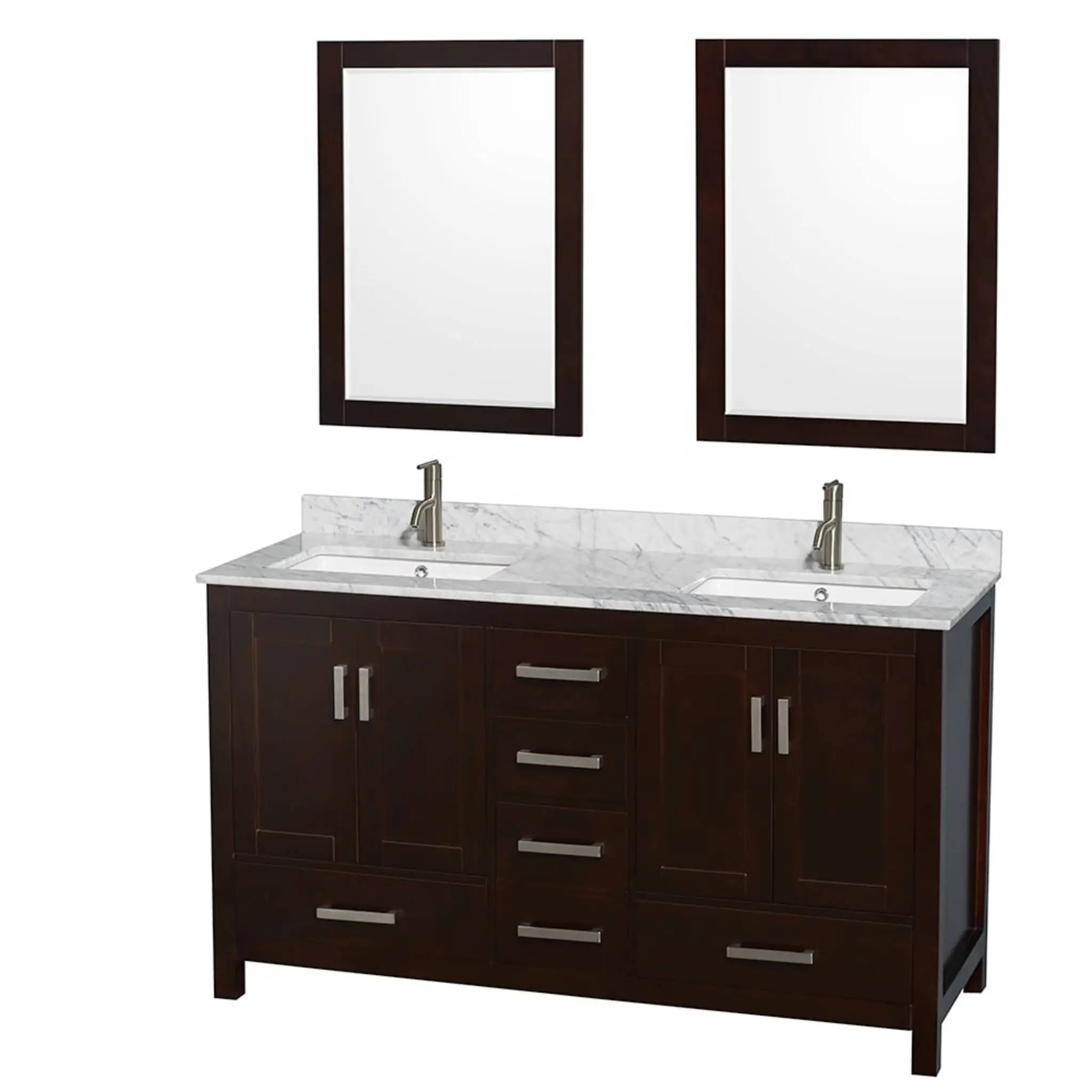 60" Sheffield Double Bathroom Vanity in Espresso with Brushed Chrome Trim & 24" Mirror by Wyndham