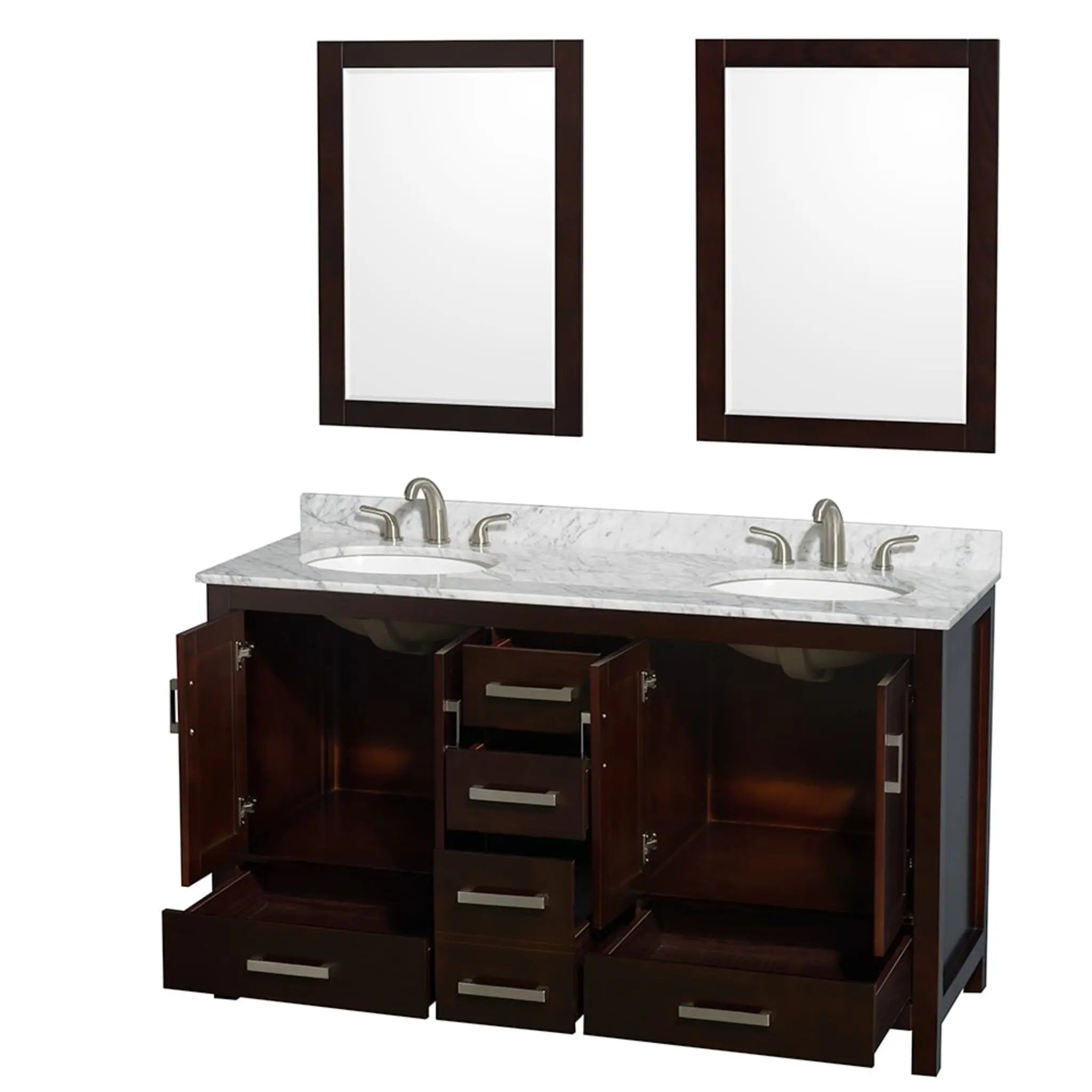 60" Sheffield Double Bathroom Vanity in Espresso with Brushed Chrome Trim & 24" Mirror by Wyndham