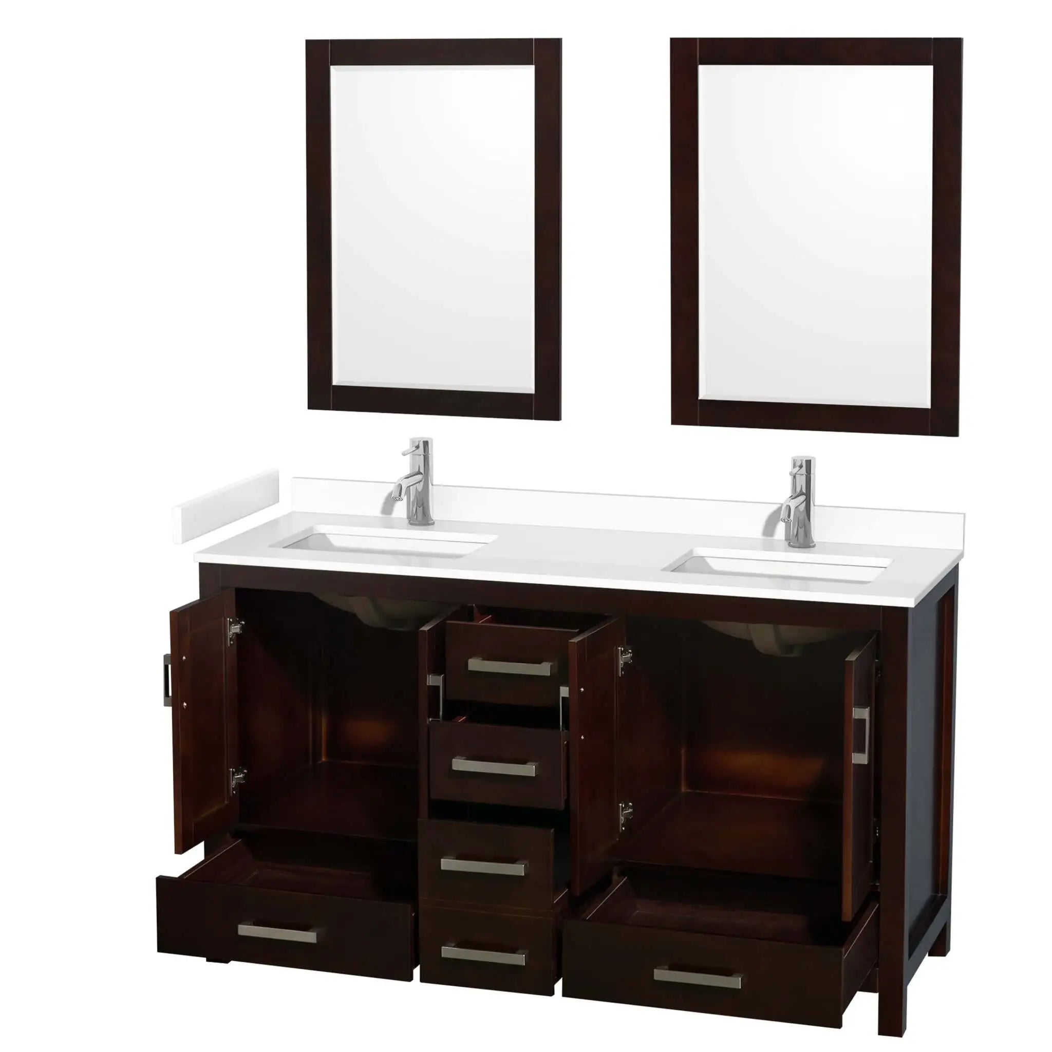 60" Sheffield Double Bathroom Vanity in Espresso with Brushed Chrome Trim & 24" Mirror by Wyndham