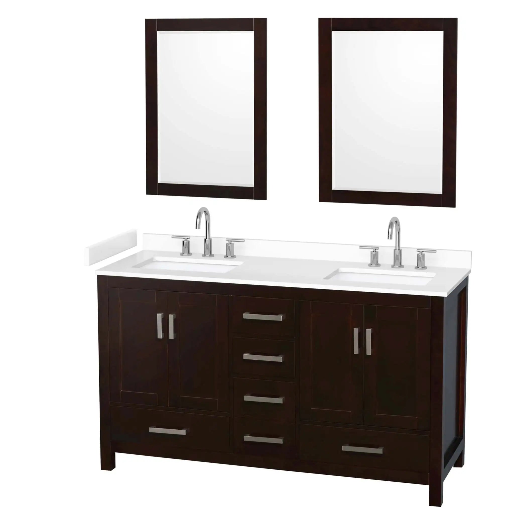 60" Sheffield Double Bathroom Vanity in Espresso with Brushed Chrome Trim & 24" Mirror by Wyndham