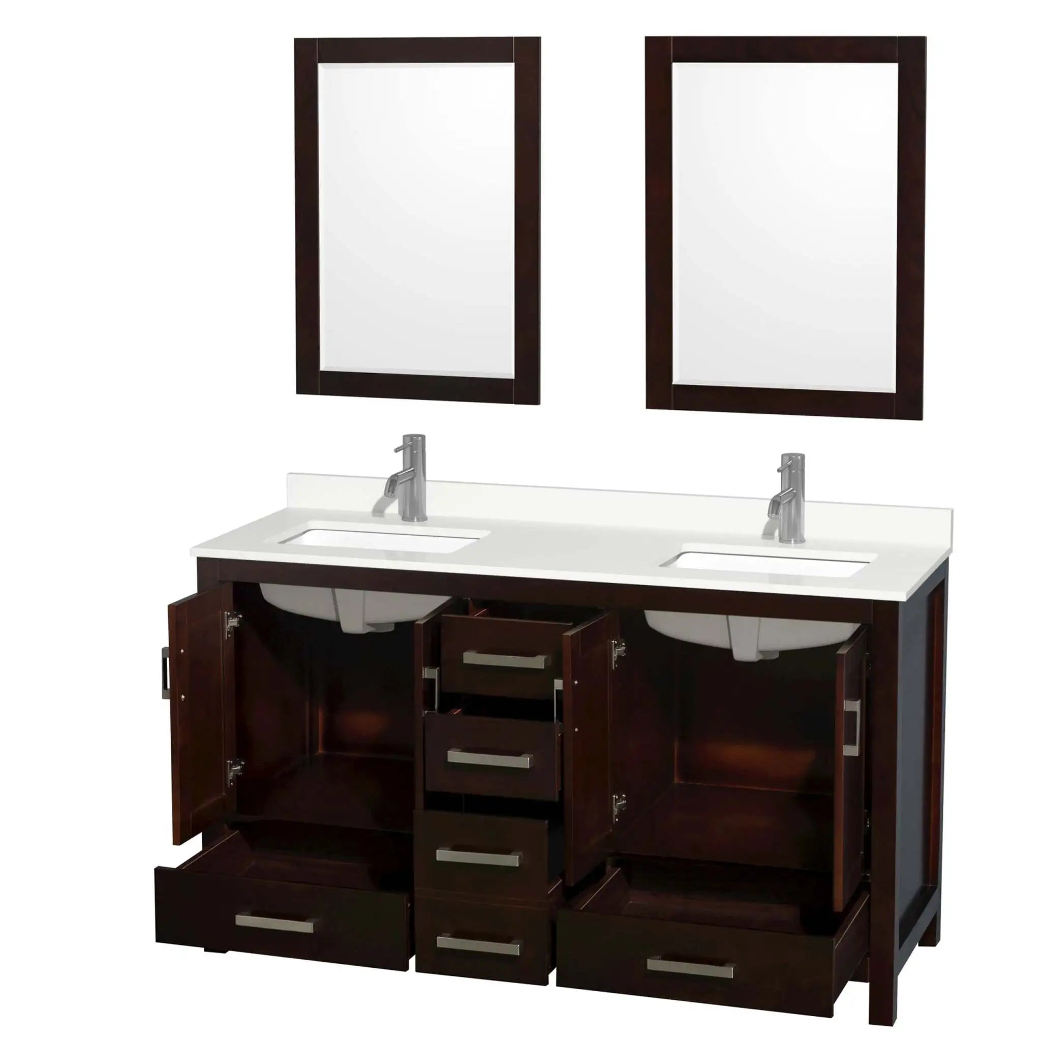 60" Sheffield Double Bathroom Vanity in Espresso with Brushed Chrome Trim & 24" Mirror by Wyndham