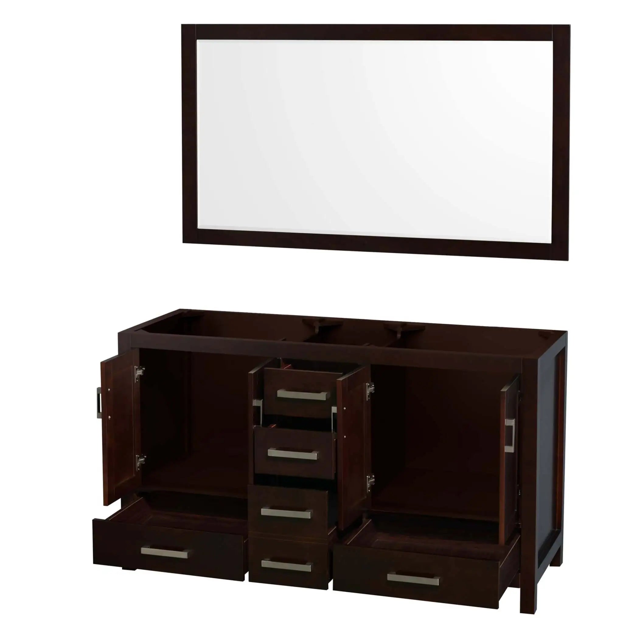 60" Sheffield Double Bathroom Vanity in Espresso with Brushed Chrome Trim & 58" Mirror by Wyndham