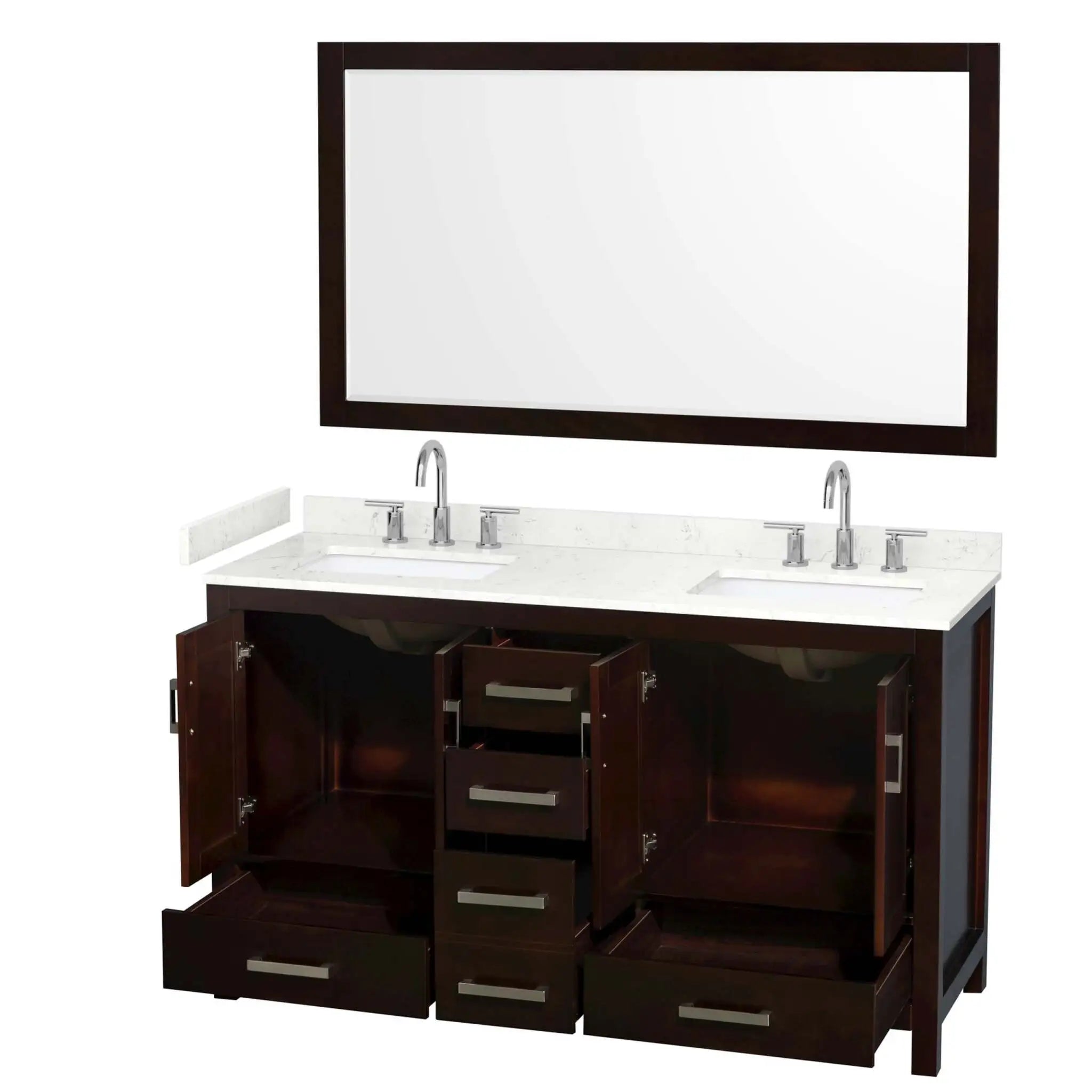 60" Sheffield Double Bathroom Vanity in Espresso with Brushed Chrome Trim & 58" Mirror by Wyndham