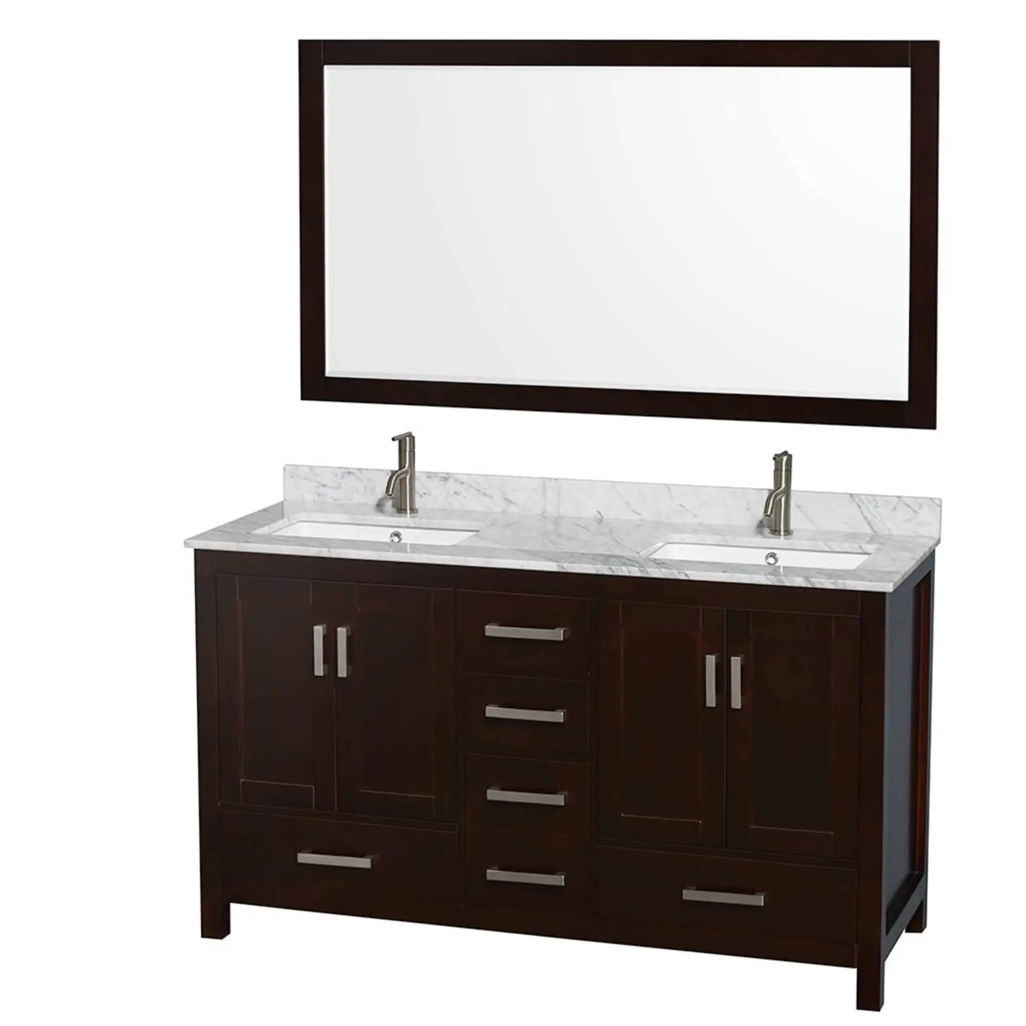 60" Sheffield Double Bathroom Vanity in Espresso with Brushed Chrome Trim & 58" Mirror by Wyndham