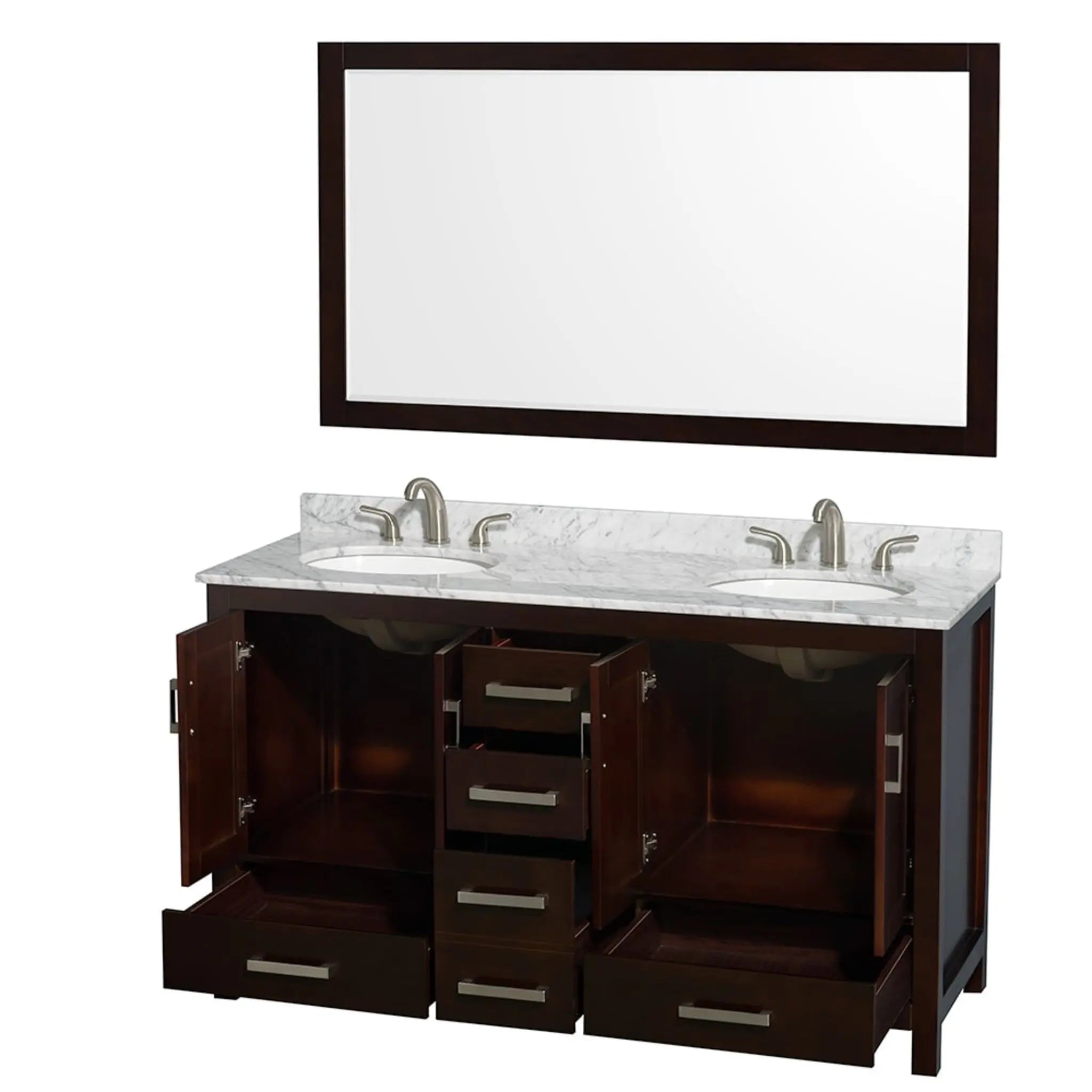 60" Sheffield Double Bathroom Vanity in Espresso with Brushed Chrome Trim & 58" Mirror by Wyndham