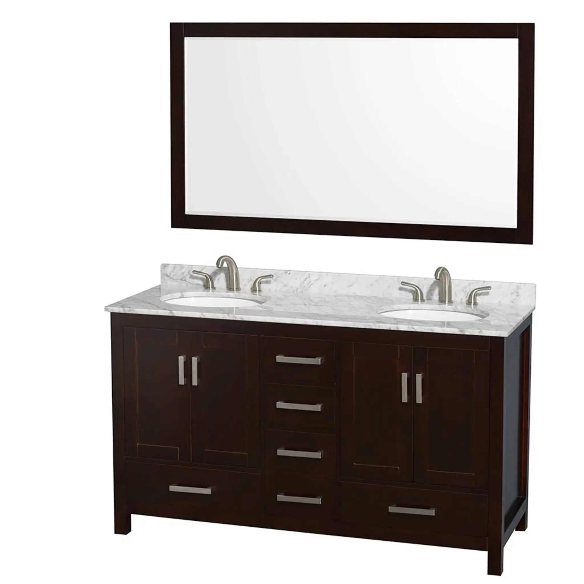 60" Sheffield Double Bathroom Vanity in Espresso with Brushed Chrome Trim & 58" Mirror by Wyndham