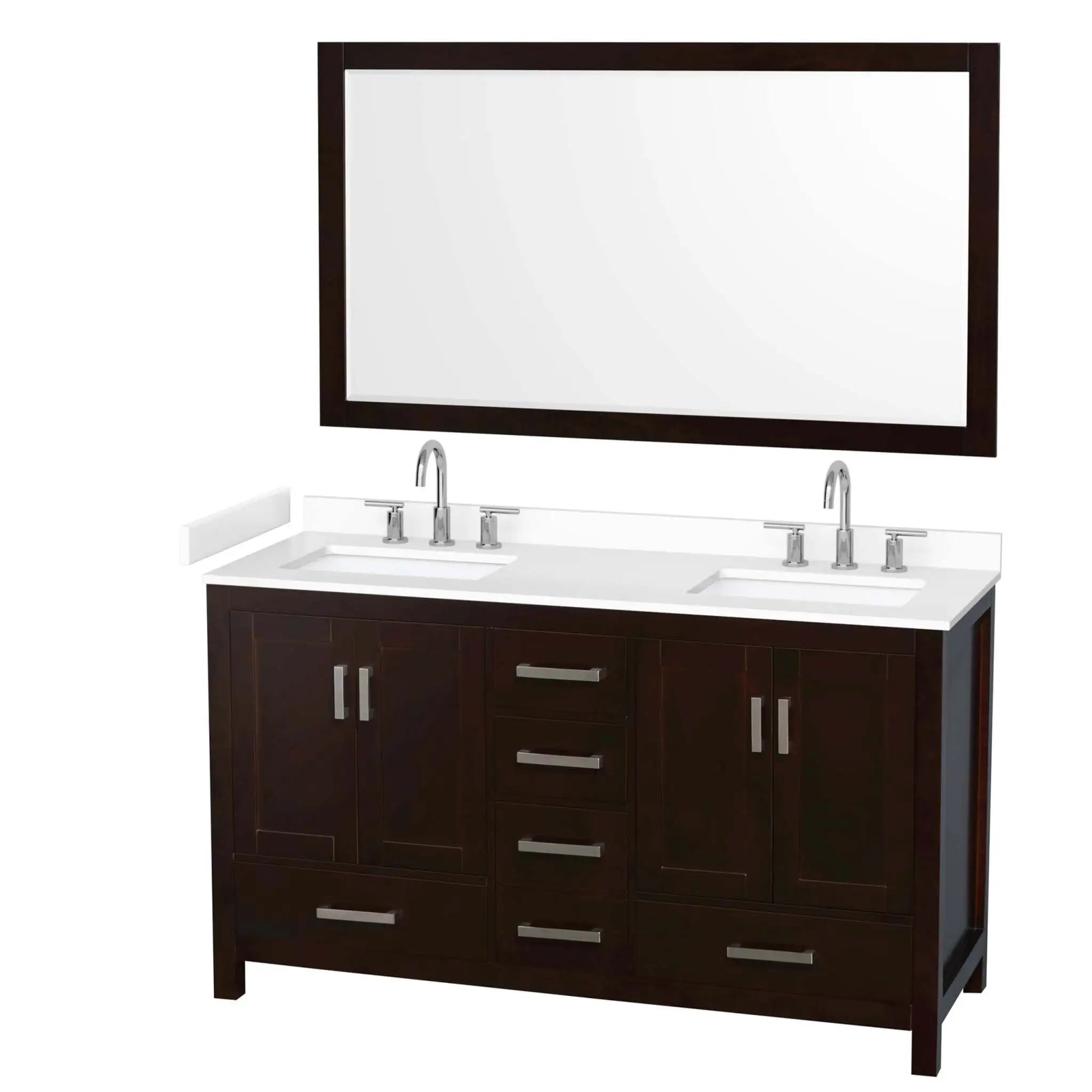 60" Sheffield Double Bathroom Vanity in Espresso with Brushed Chrome Trim & 58" Mirror by Wyndham