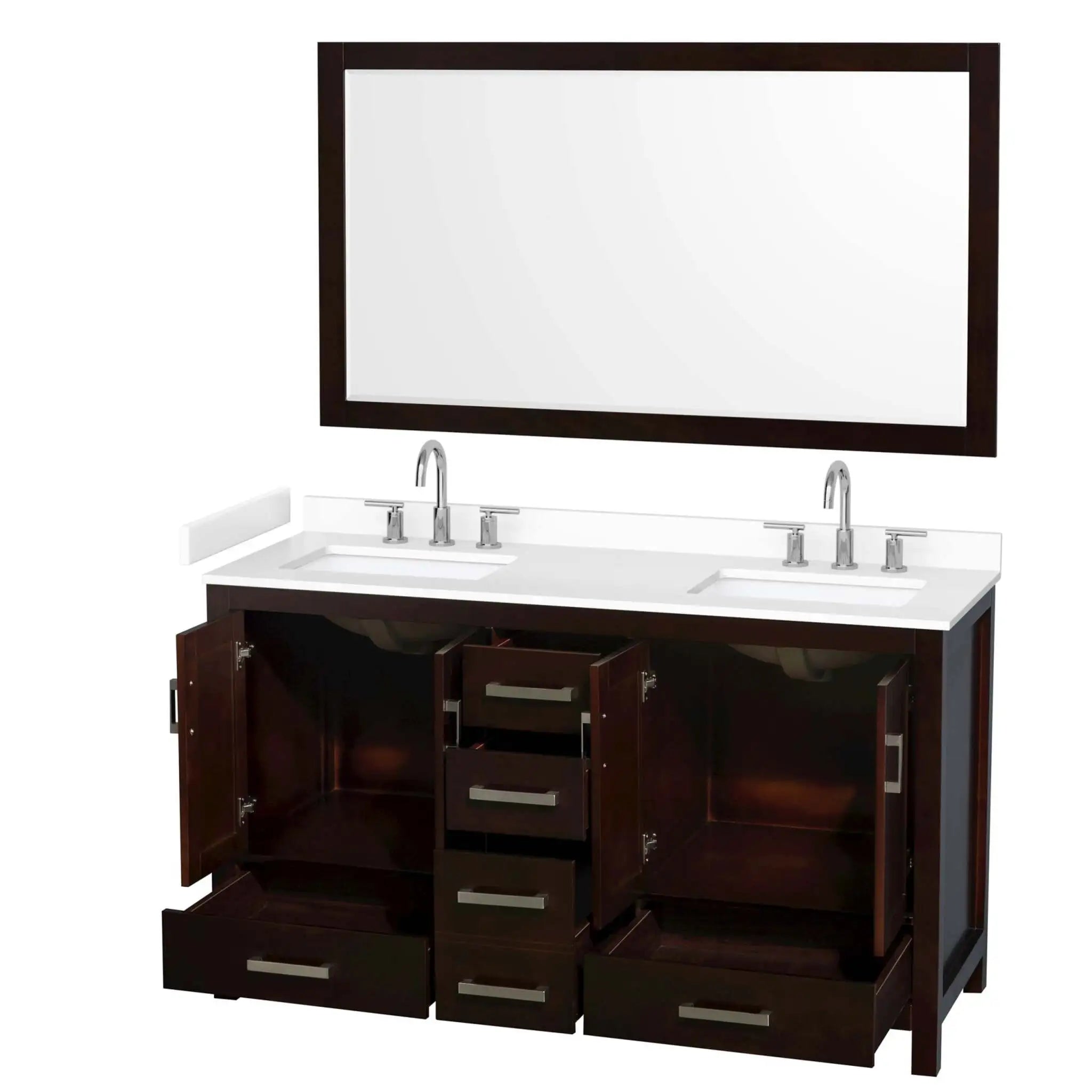 60" Sheffield Double Bathroom Vanity in Espresso with Brushed Chrome Trim & 58" Mirror by Wyndham