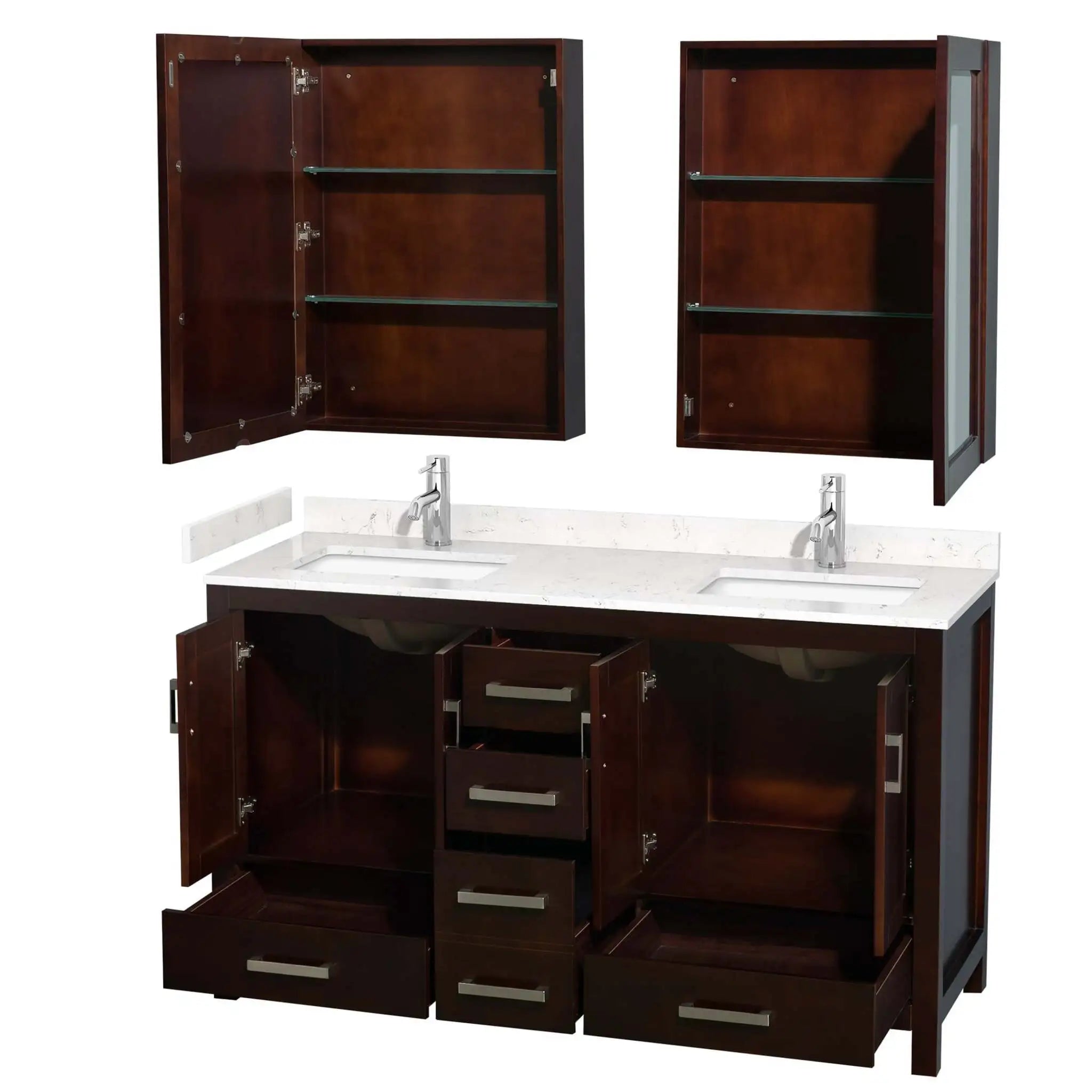 60" Sheffield Double Bathroom Vanity in Espresso with Brushed Chrome Trim & Medicine Cabinet by Wyndham