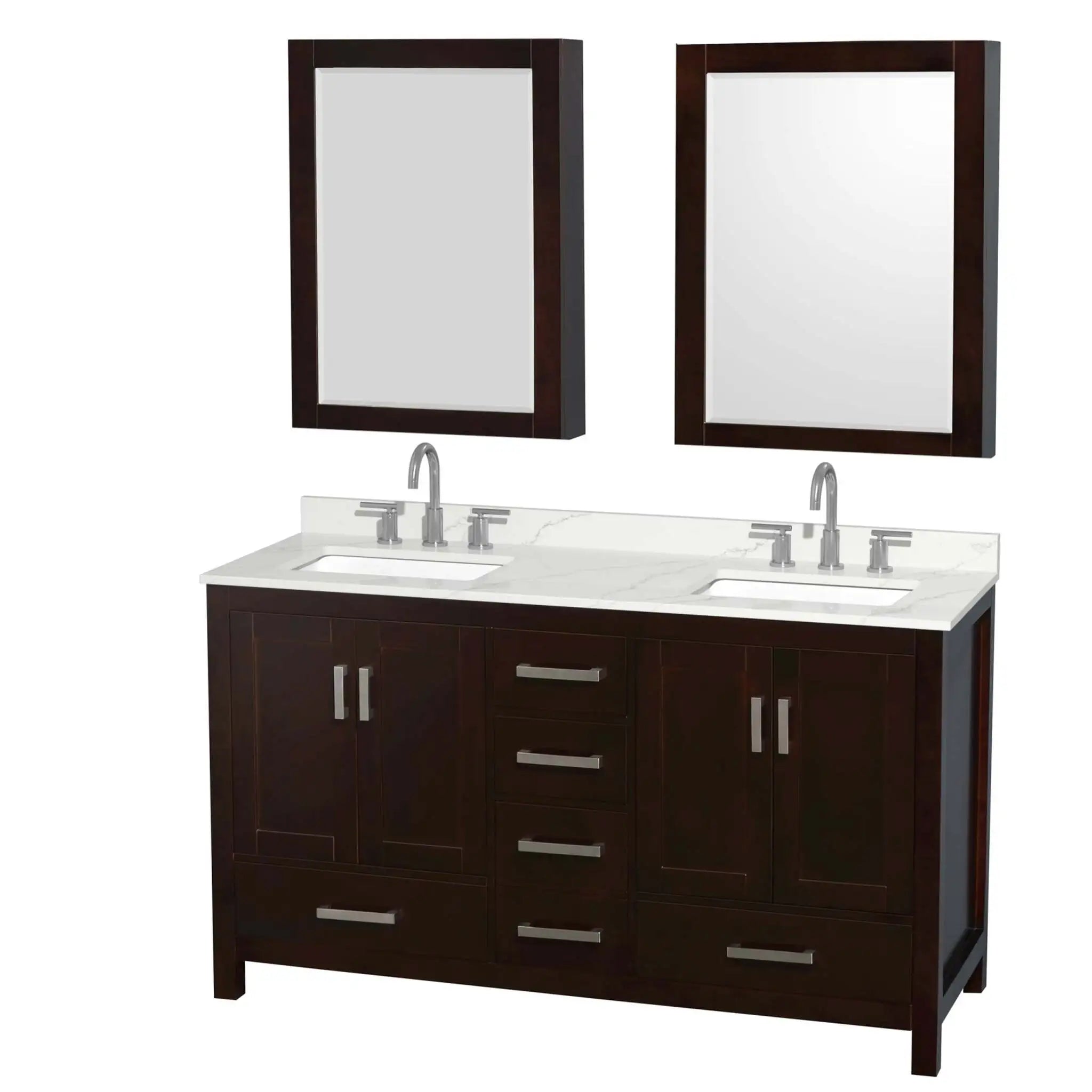 60" Sheffield Double Bathroom Vanity in Espresso with Brushed Chrome Trim & Medicine Cabinet by Wyndham