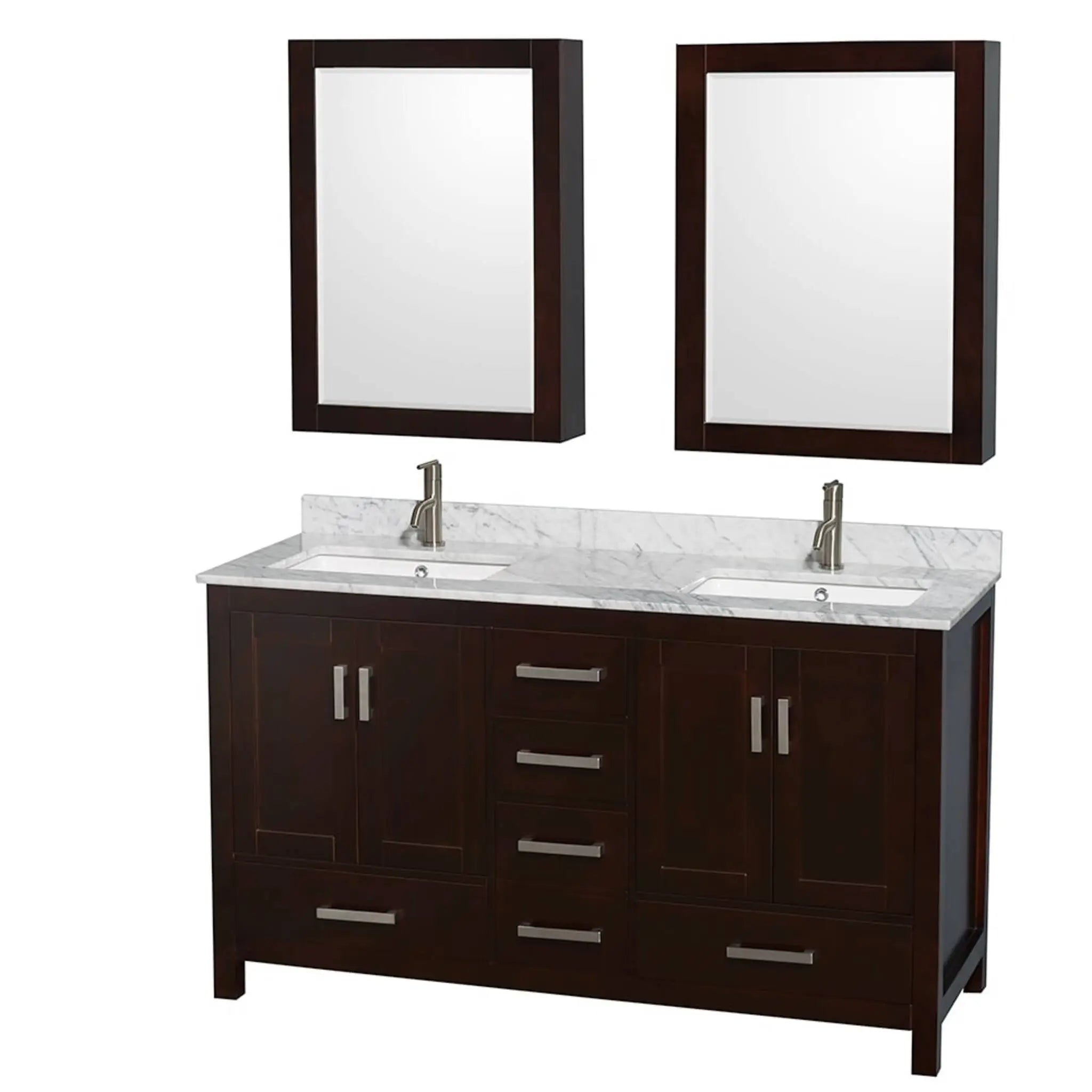 60" Sheffield Double Bathroom Vanity in Espresso with Brushed Chrome Trim & Medicine Cabinet by Wyndham