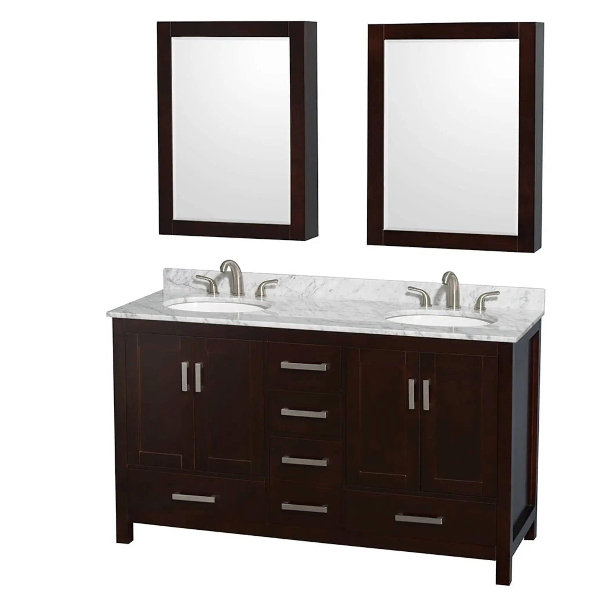 60" Sheffield Double Bathroom Vanity in Espresso with Brushed Chrome Trim & Medicine Cabinet by Wyndham