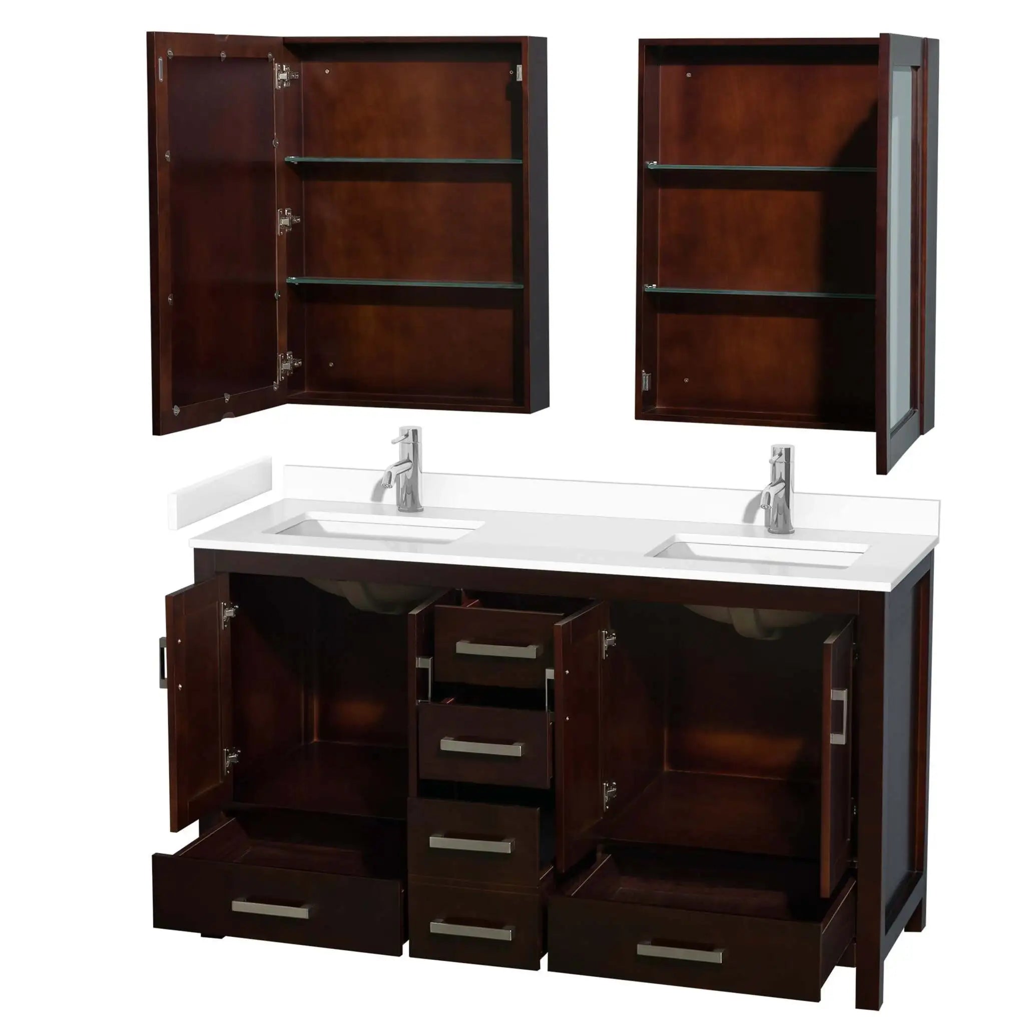 60" Sheffield Double Bathroom Vanity in Espresso with Brushed Chrome Trim & Medicine Cabinet by Wyndham