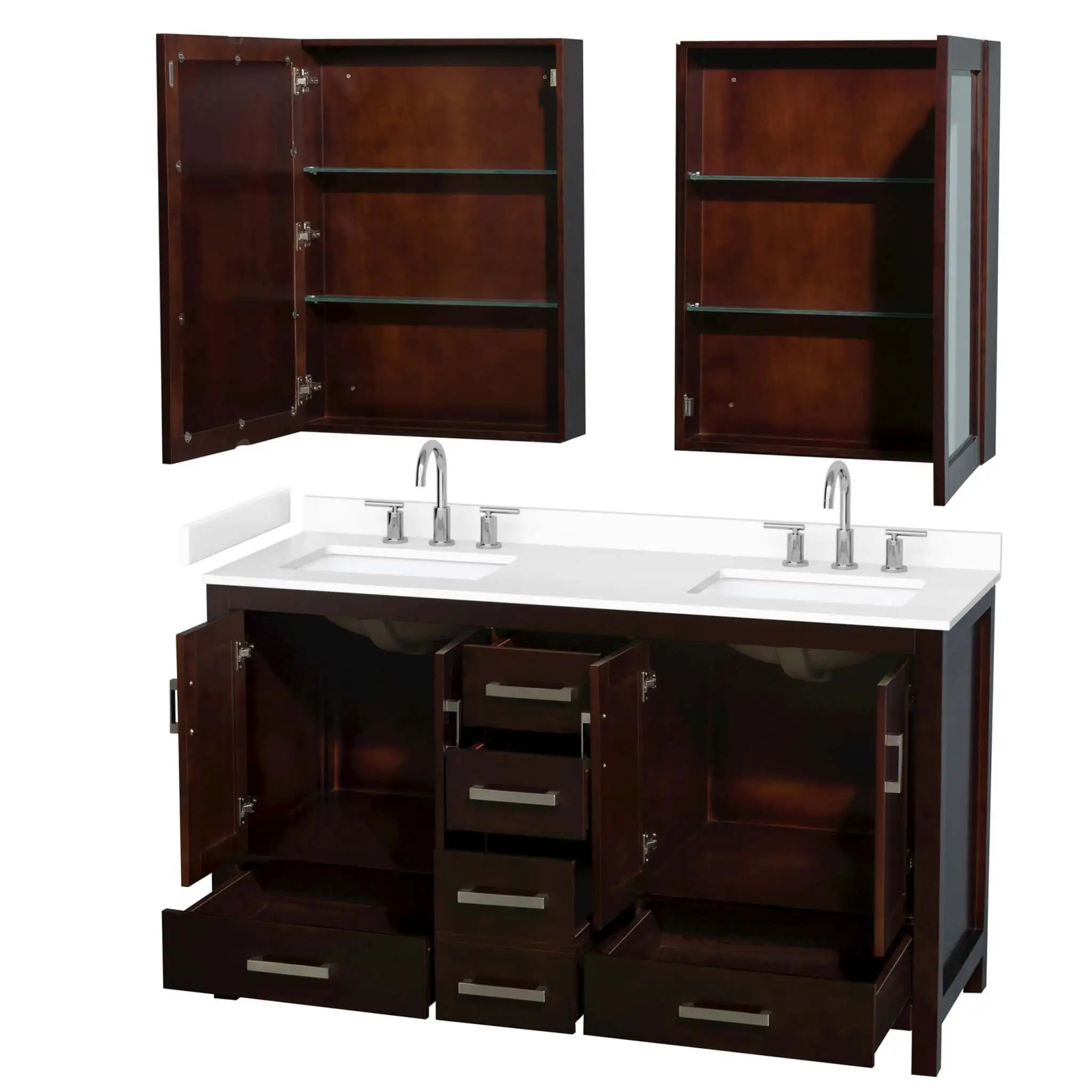 60" Sheffield Double Bathroom Vanity in Espresso with Brushed Chrome Trim & Medicine Cabinet by Wyndham