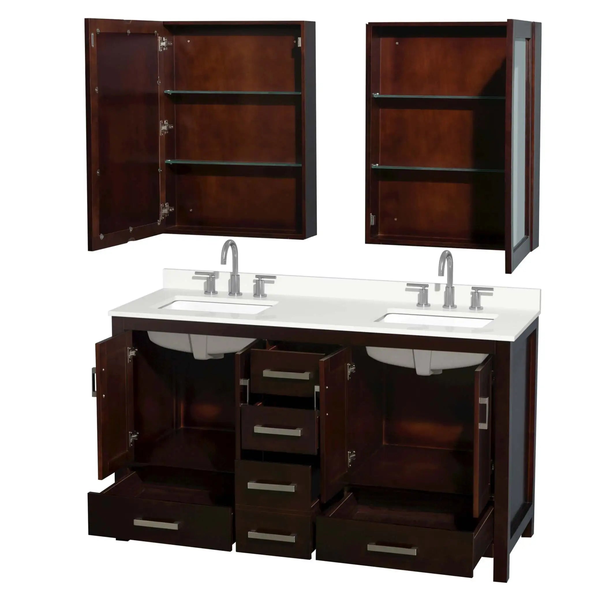 60" Sheffield Double Bathroom Vanity in Espresso with Brushed Chrome Trim & Medicine Cabinet by Wyndham