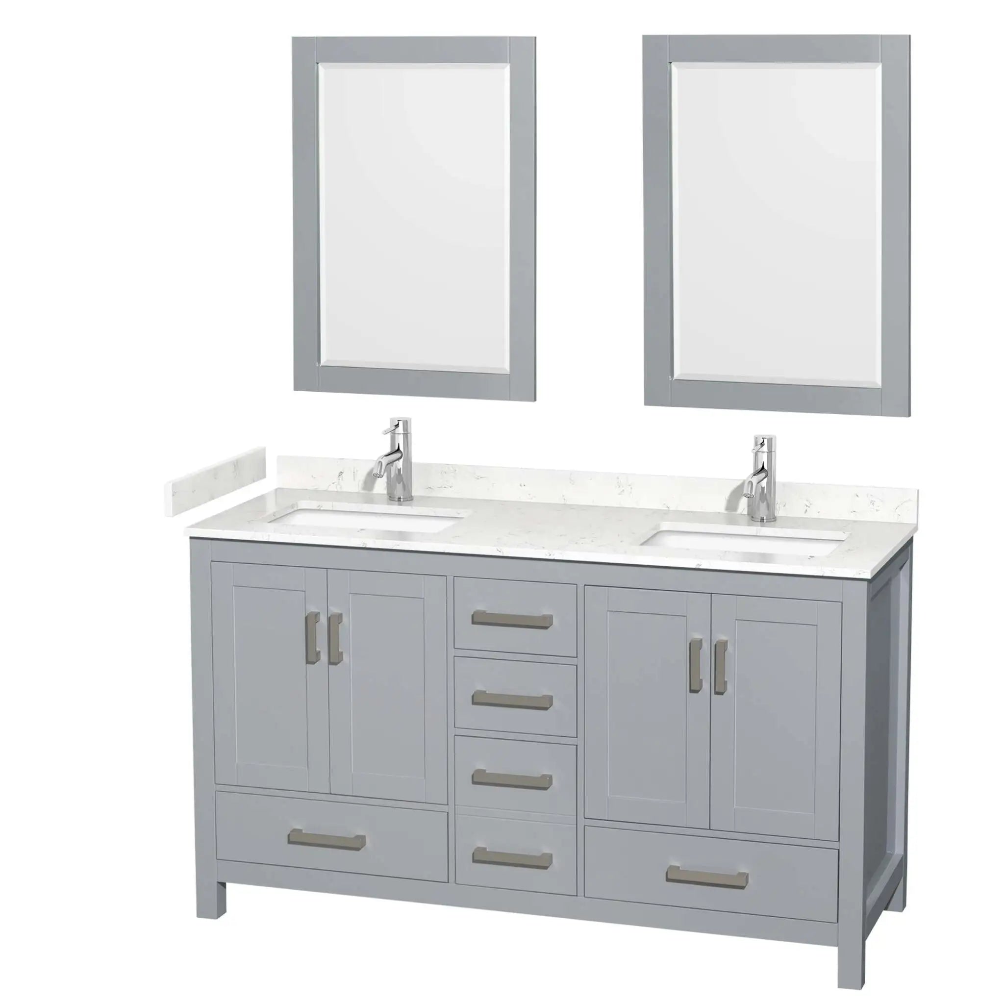 60" Sheffield Double Bathroom Vanity in Gray with Brushed Chrome Trim & 24" Mirror by Wyndham