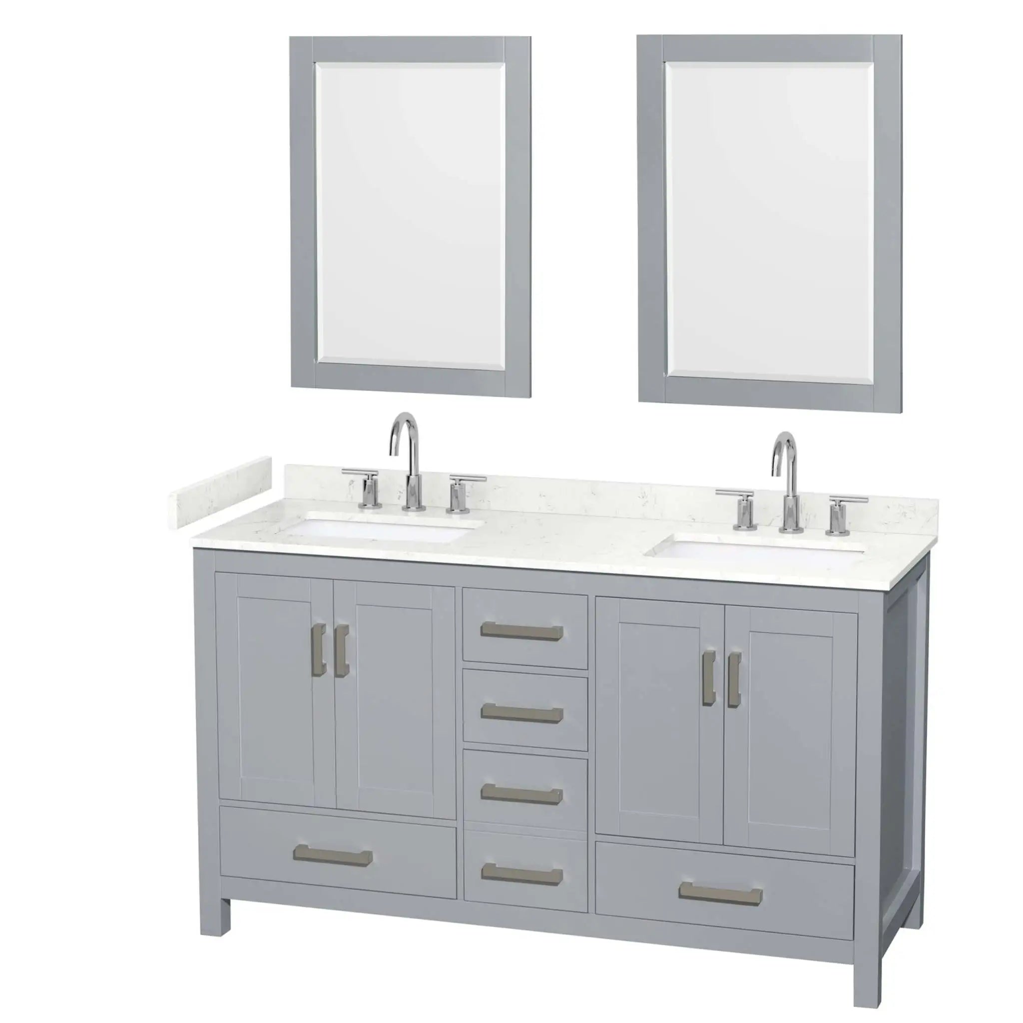 60" Sheffield Double Bathroom Vanity in Gray with Brushed Chrome Trim & 24" Mirror by Wyndham