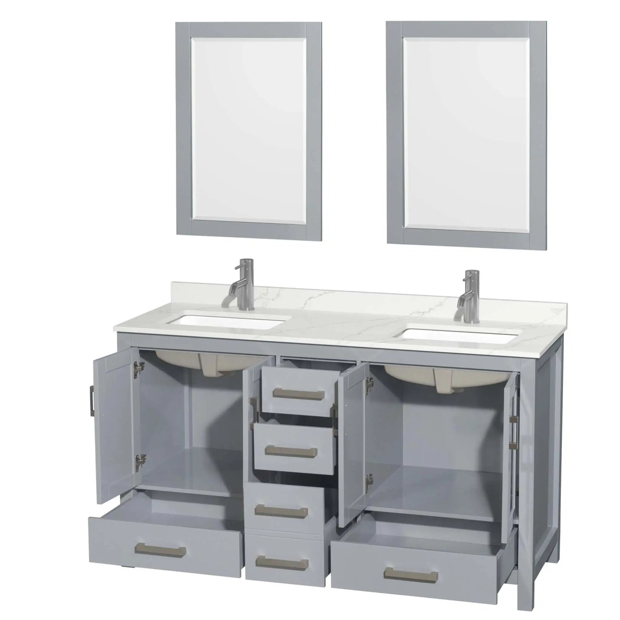 60" Sheffield Double Bathroom Vanity in Gray with Brushed Chrome Trim & 24" Mirror by Wyndham