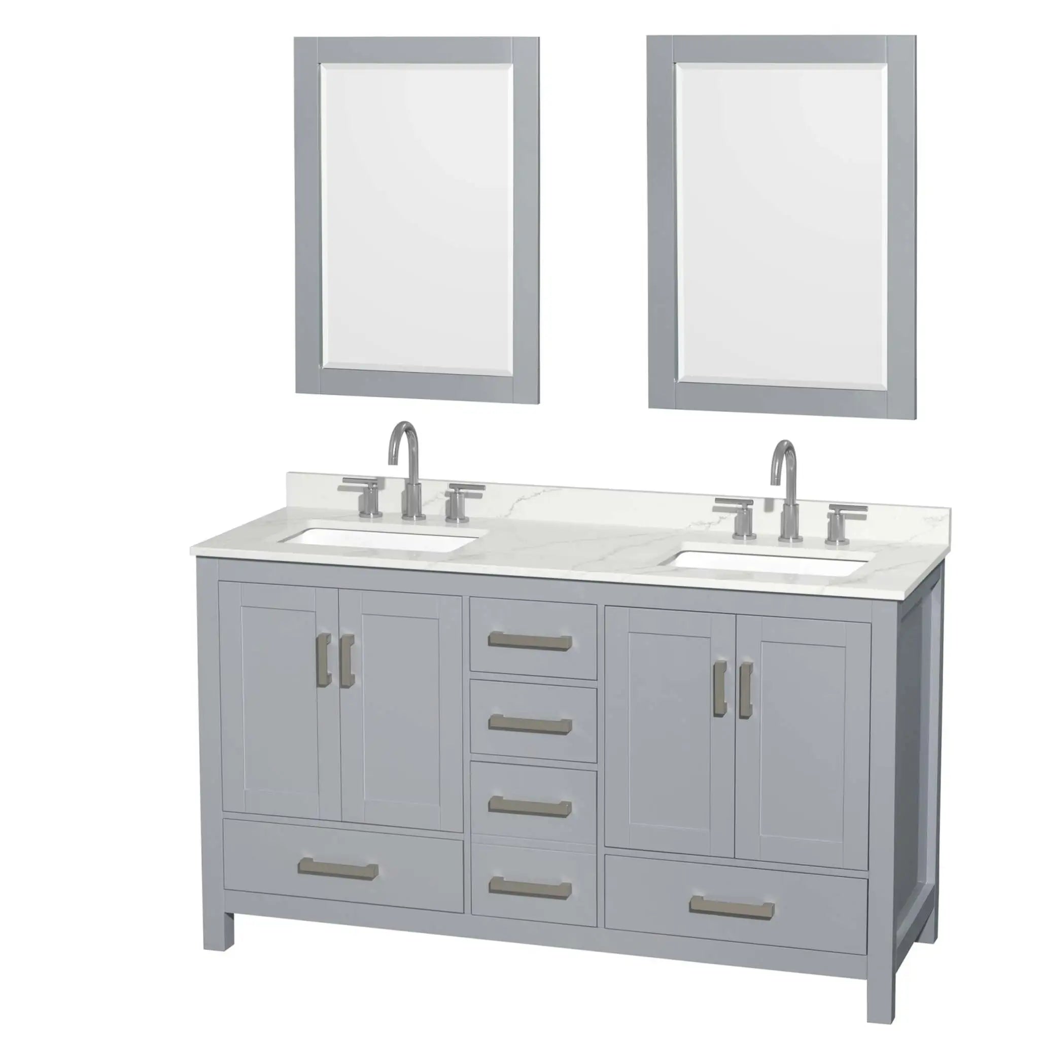 60" Sheffield Double Bathroom Vanity in Gray with Brushed Chrome Trim & 24" Mirror by Wyndham